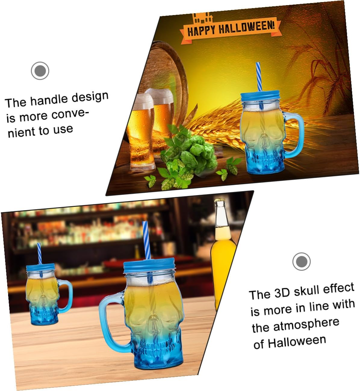 2pcs Halloween Skull Glasses Beer Mugs with Handle 500ml Gradient Blue Glass Party Skull Beer Glasses for Halloween Decoration Random Color