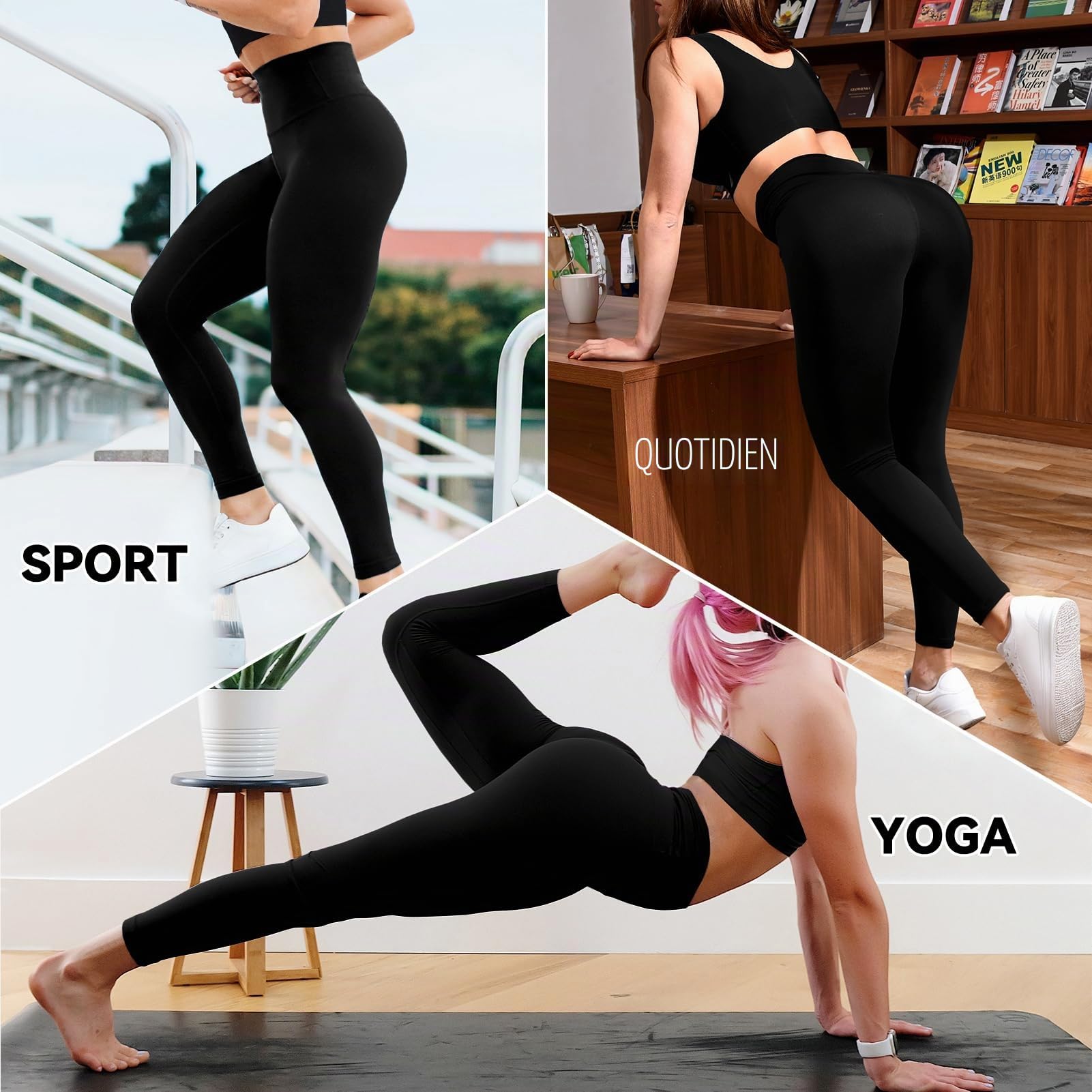 SINOPHANT Lot de 3 Leggings pour Femme, Taille Haute, Opaques, Noirs, pour la Gym, Le Yoga, Le Sport, Lot de 3