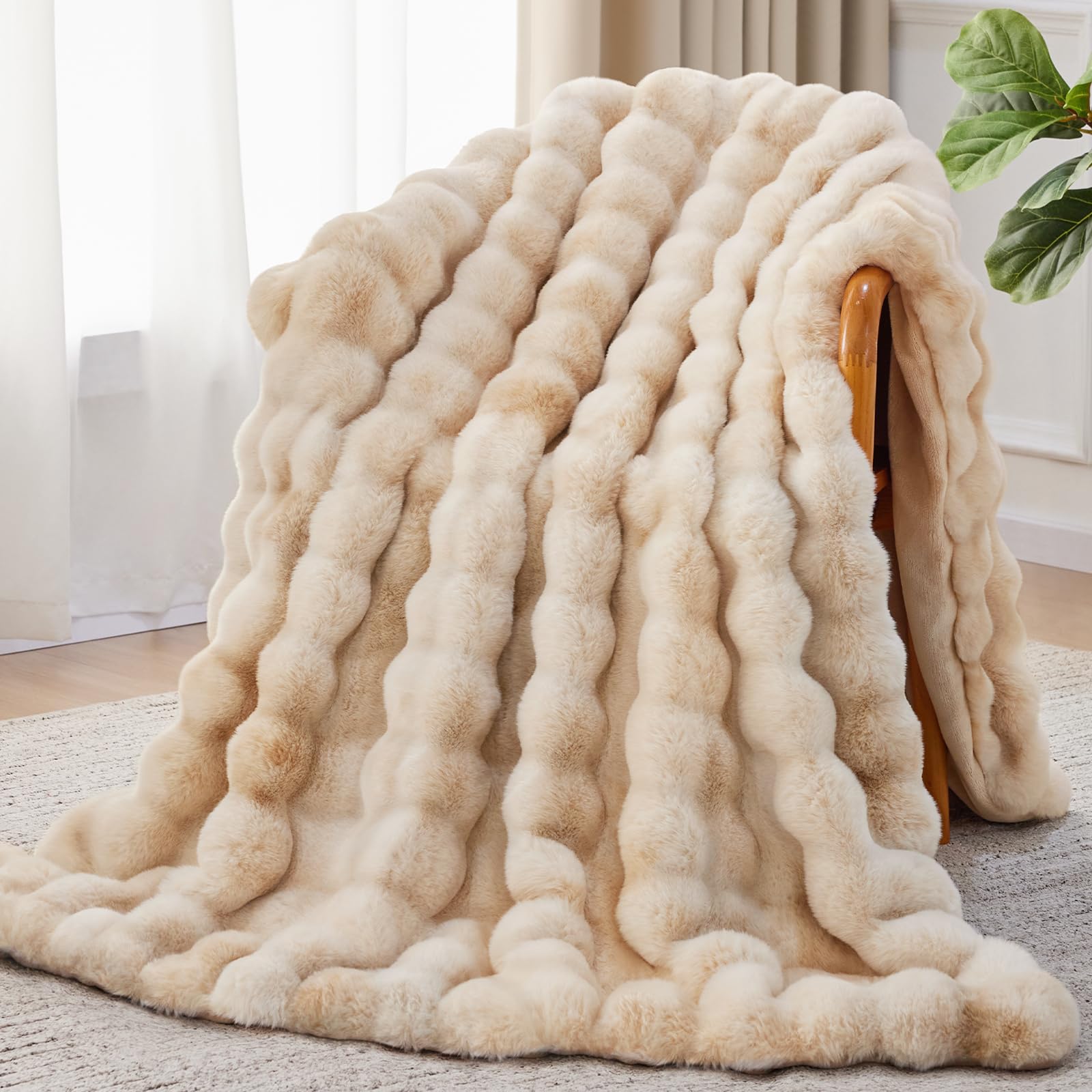 faux fur throw blanket, 1000gsm fluffy soft bubble blanket for couch bed, cozy plush warm and thick blanket, fuzzy rabbit throw for living room bedroom 50''*60'' tie-dye camel