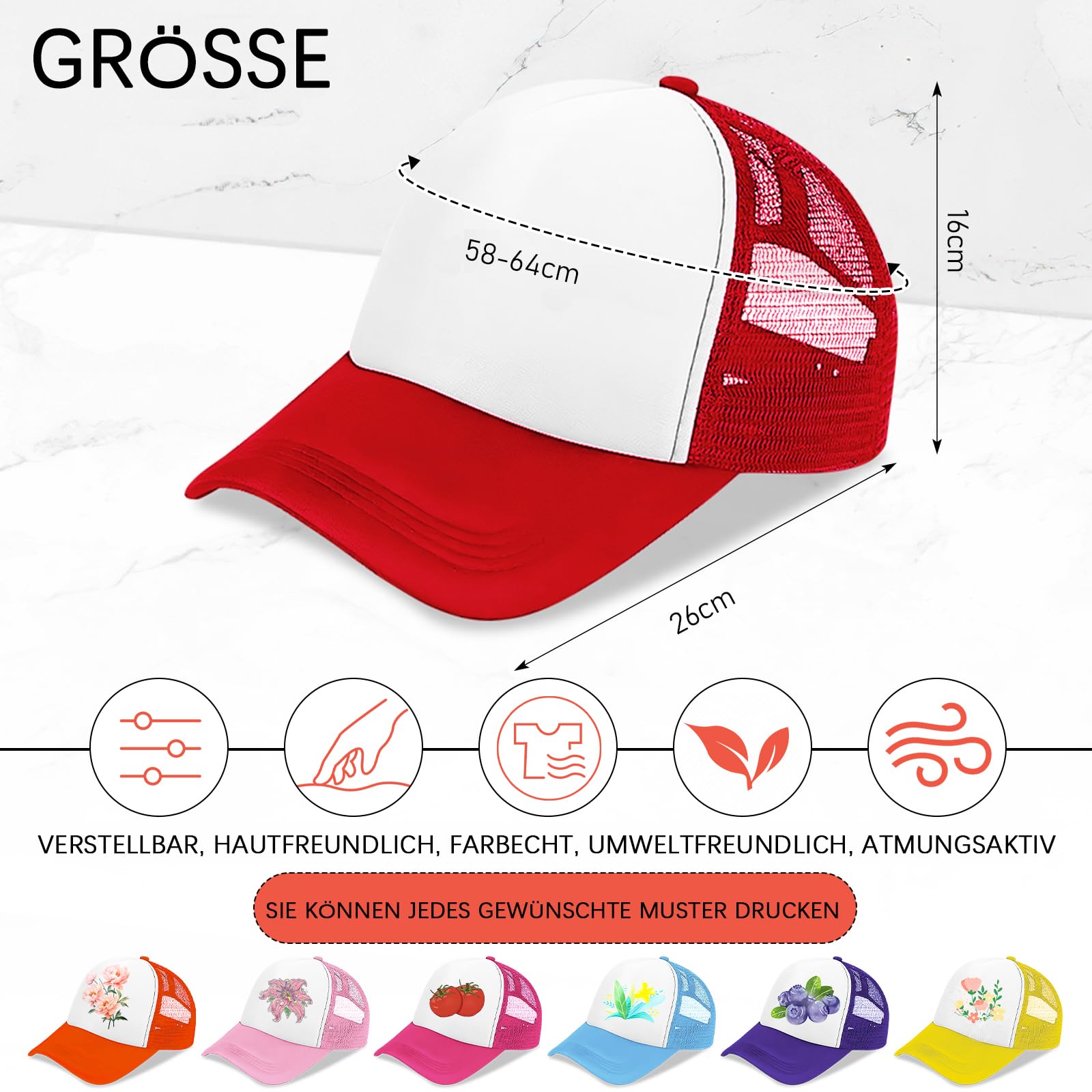 Set di 30 cappelli a sublimazione per bambini, cappello da baseball fai da te, in rete, per 15 colori, 54-56 cm