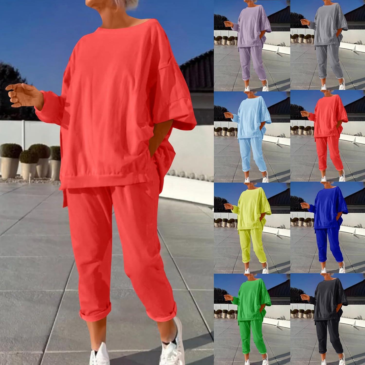 HGps8w Women's 2 Piece Tracksuit Outfits Oversized Crewneck Sweatshirt Tunic Tshirt Jogger Pants Fall 2025 Lounge Sets
