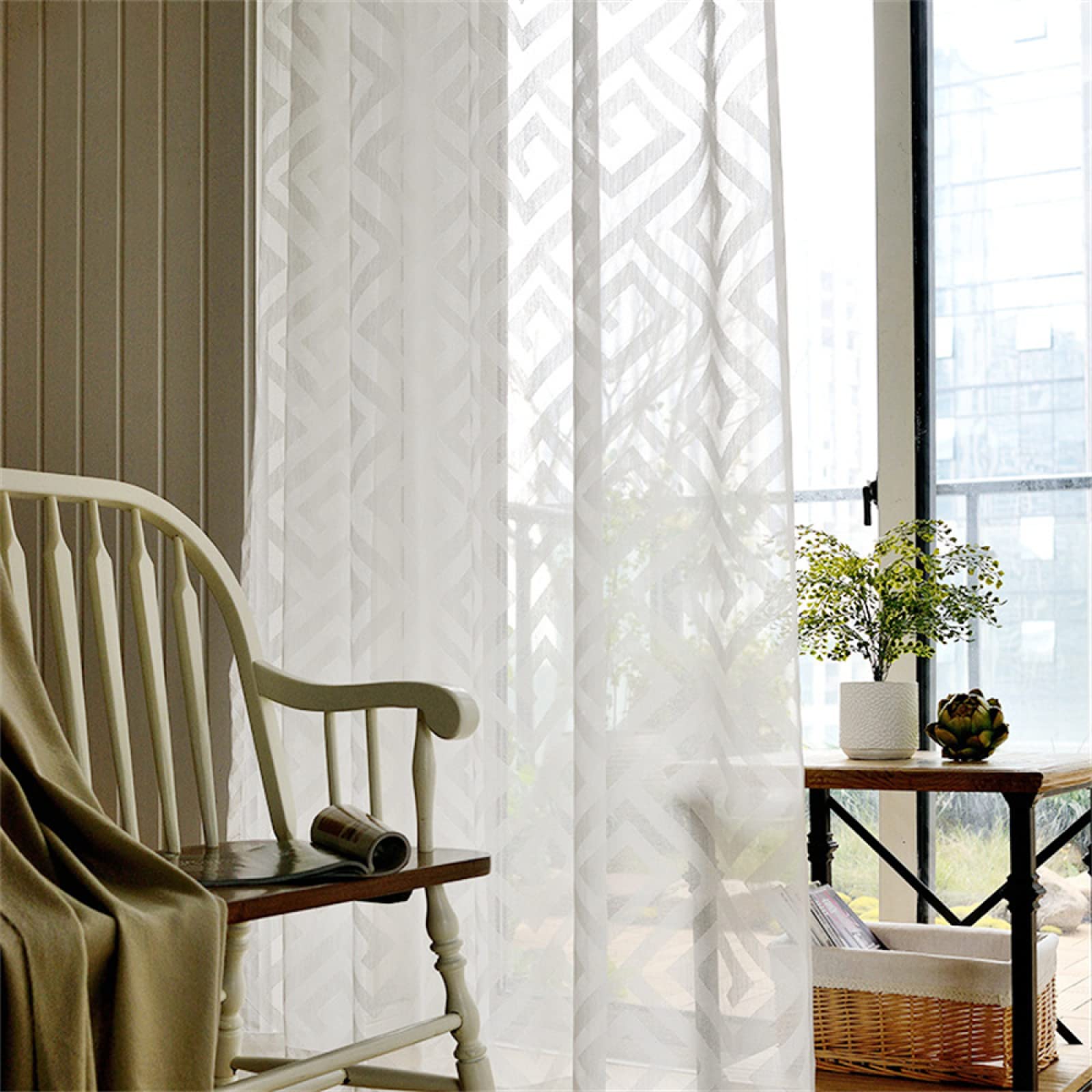 Translúcida Cortinas Visillo con Ollaos, Cheque Blanco Cortina de Voile con Bordadas,Juego de 1 Cortinas, de la luz Solar Mientras Protege Algo de privacidad para salón Habitacion 1x220x270CM