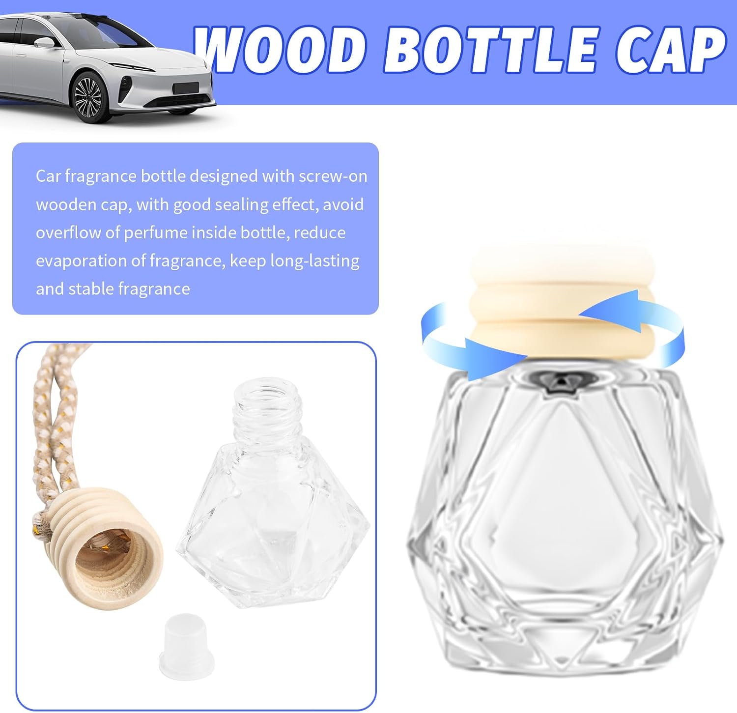 5PCS Hanging Car Air Fresheners Diffuser,Clear Empty 8 ml Car Air Freshener Hanging Bottle with Wooden Cap & Rope,Stylish Cars Diffuser Bottle Cars Interior Accessories