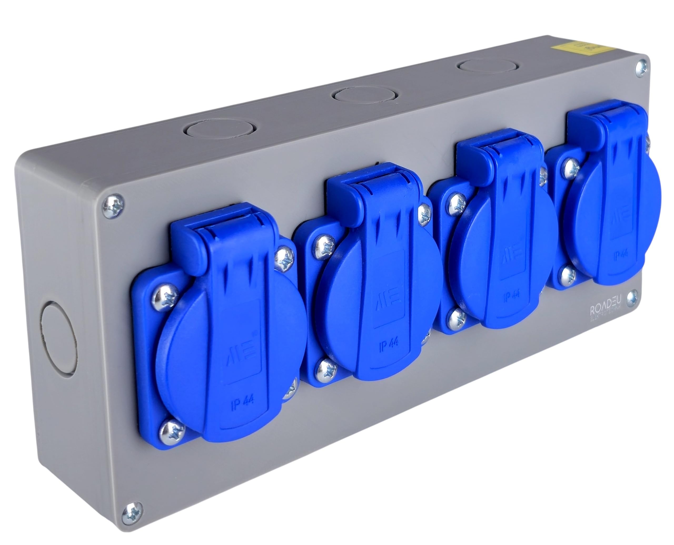RoadEu Bloc Multiprise IP44 Saillie | 4 Prises Françaises 2P+T 230V/16A | Boîtier de Distribution Pré-câblé avec Presse-étoupe PG13,5 | Répartiteur de Chantier pour Garage, Atelier & Extérieur Couvert