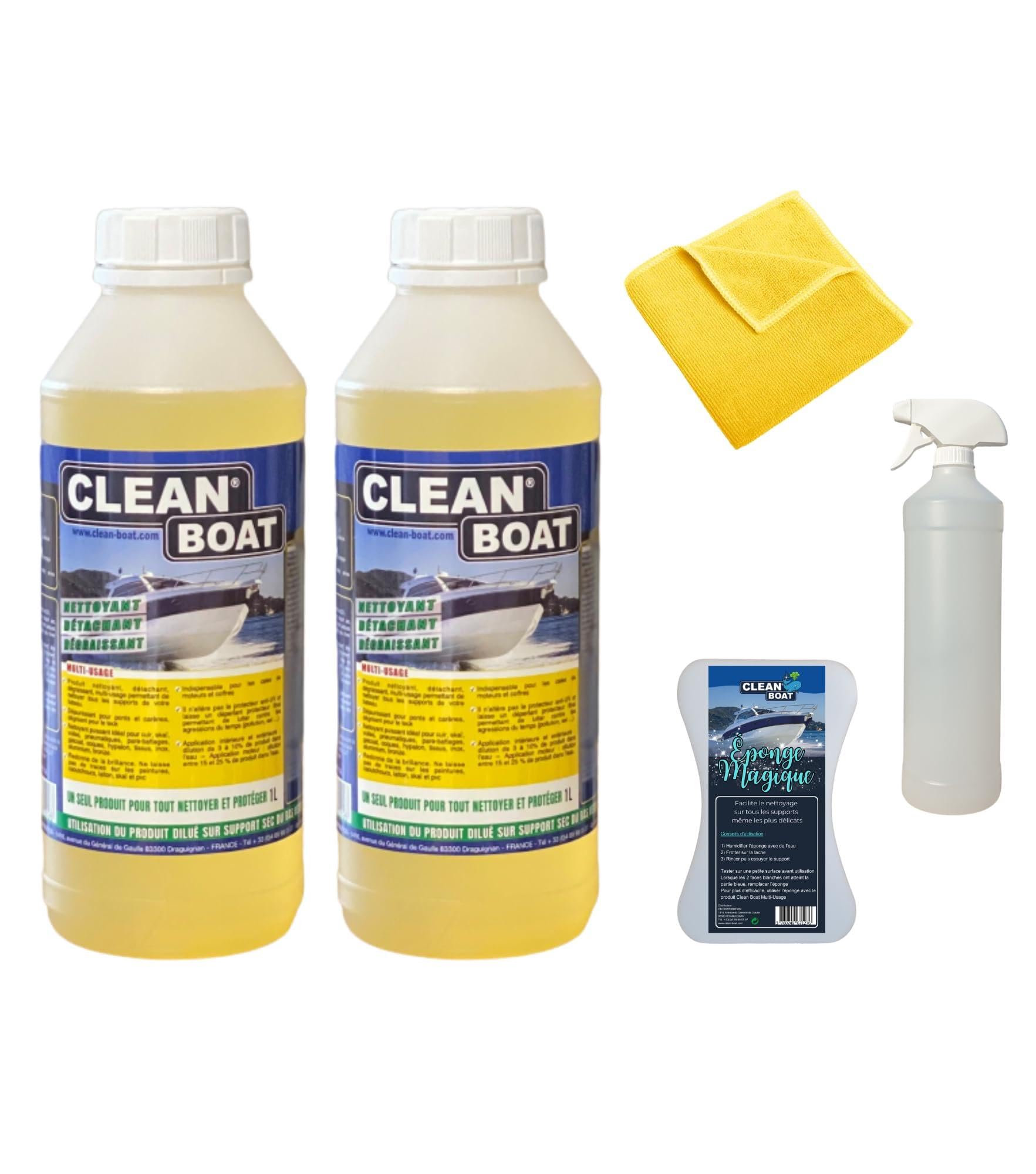 Kit de nettoyage 2L Clean Boat Multi Usage | Nettoyant, Détachant, Dégraissant, 1 vaporisateur + 1 éponge magique + 1 chiffon microfibre