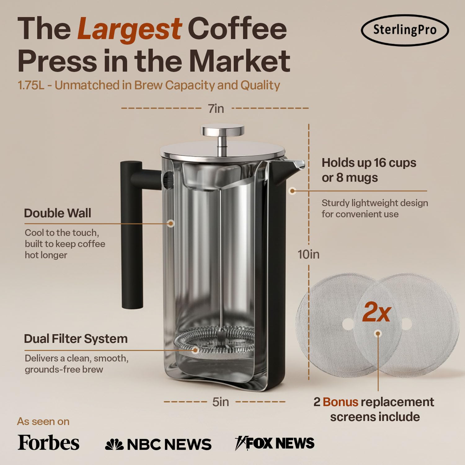SterlingPro French Press Coffee Maker-Double Walled Large Coffee Press with 2 Free Filters- Granule-Free Coffee, Stylish Rust Free Kitchen Accessory-Stainless Steel French Press (1,75 l, Black)