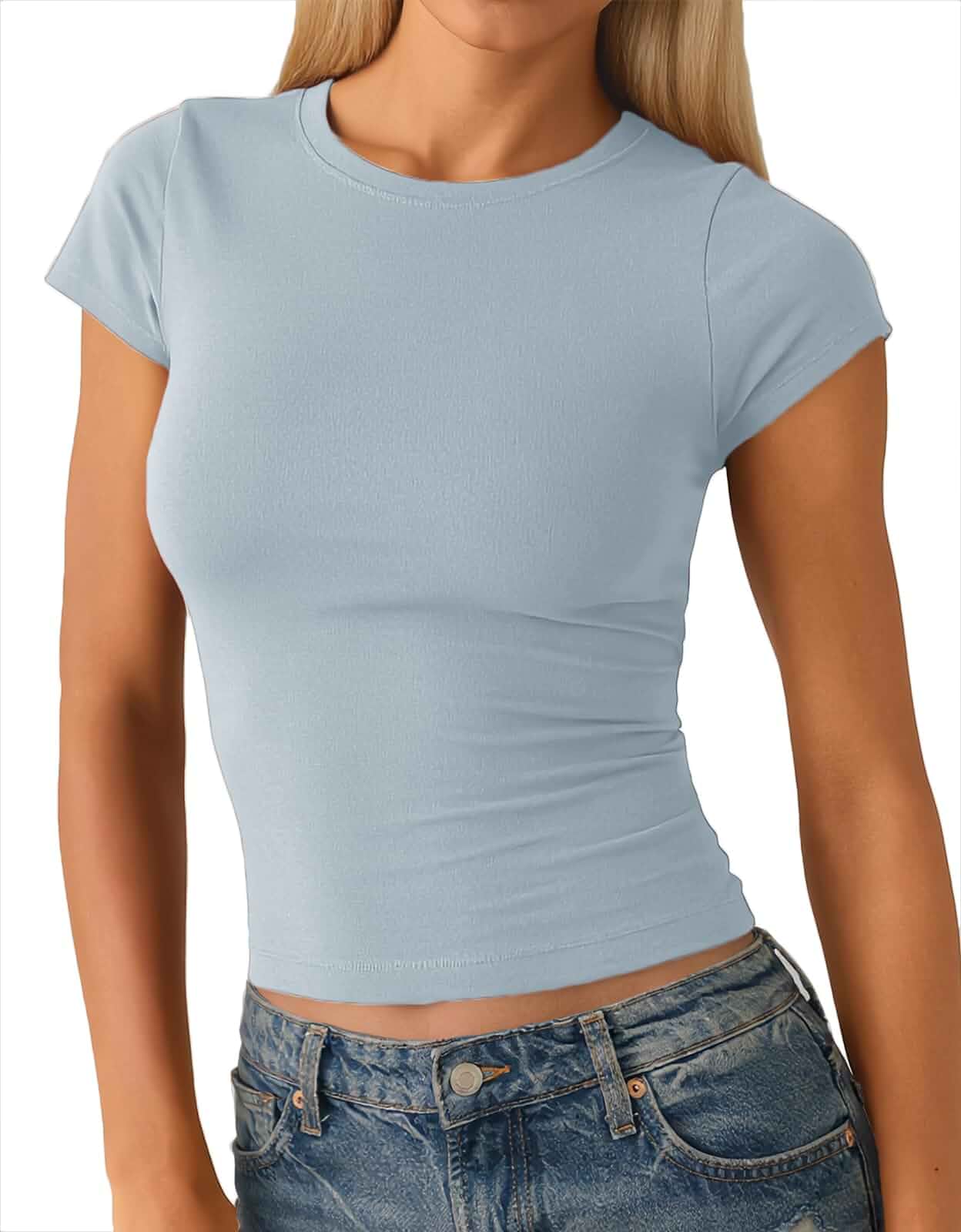 Beumissy Women's Crew Neck Short Sleeve Baby Tee Premium Soft Cotton Top, Basic Tee, Slim Fit T-Shirt, Summer Fashion Clothes, Casual Daily & Going Out Outfits