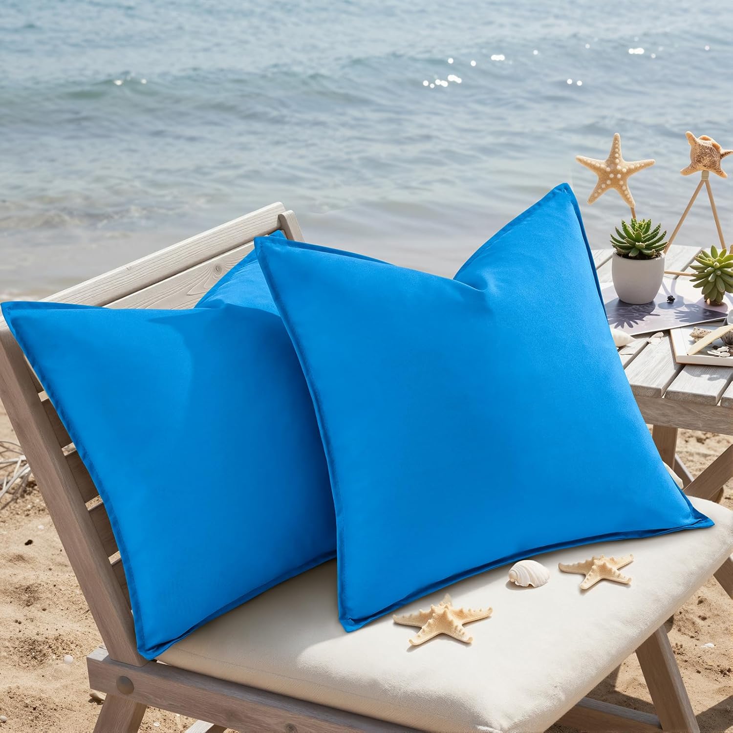 decorUhome Outdoor Waterproof Faux Linen Throw Pillow Covers 20x20 Inch Set of 2 Decorative Vibrant Farmhouse Pillow Cases with Flange Edges for Summer Couch Garden Patio Balcony Porch, Blue