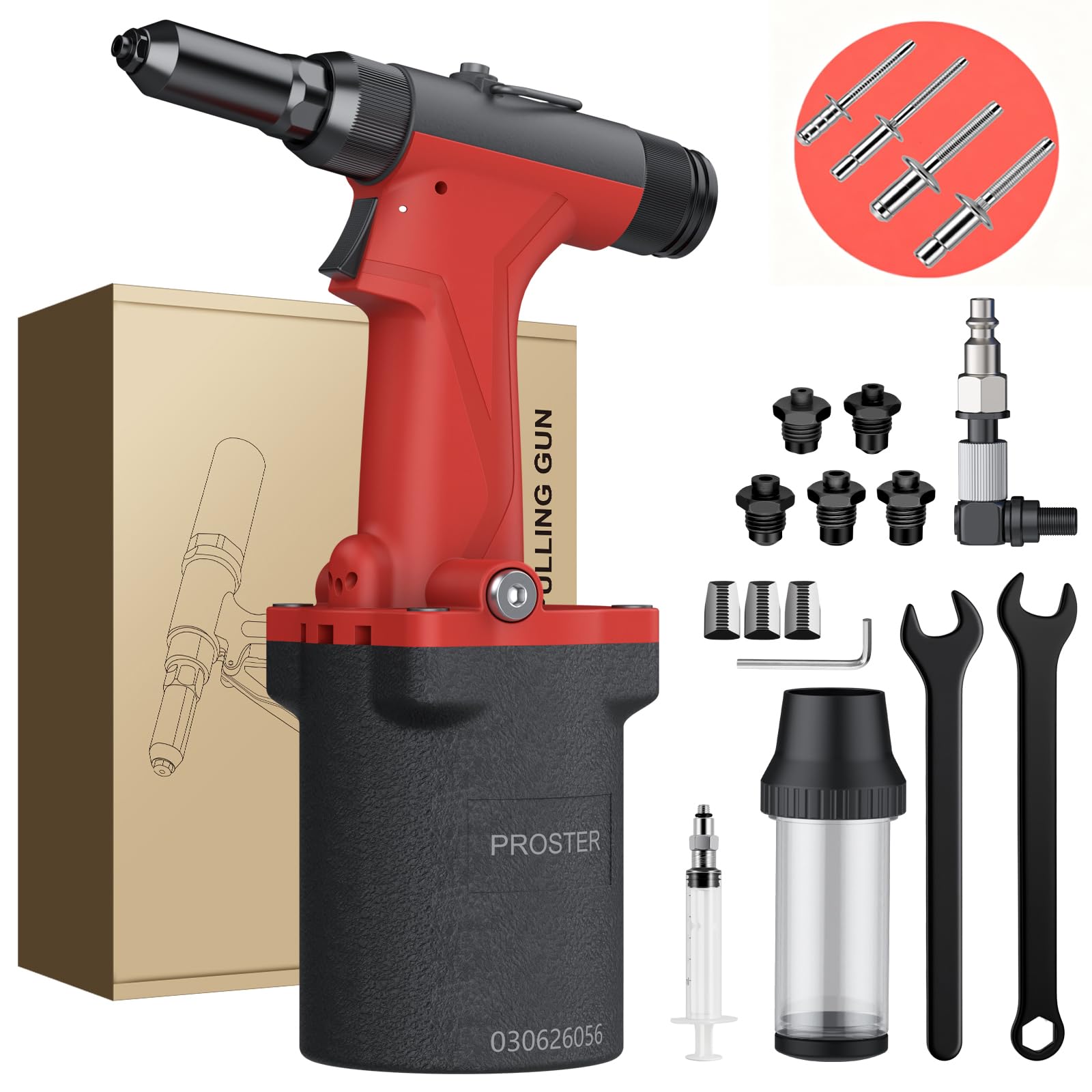 Proster Remachadora Neumatica 2450KGF Pistola Remachadora de Aire con 360°Conector de Aire Giratorio y 5 Tamaños de Boquilla 2,4-6,4mm para Mecánicos, Marinos y Automoción