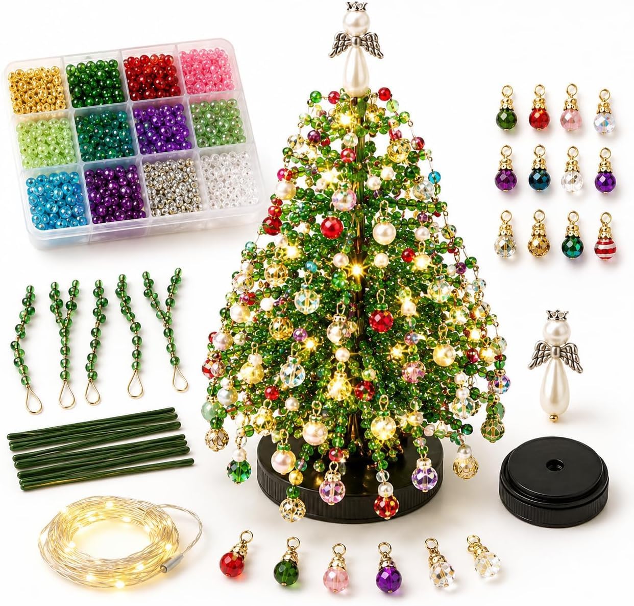DIY Beaded Christmas Tree Kit, Beading Kits with Colorful Beads & Ornaments, 3D Crystal Bead Art Craft, DIY Crystal Bead Christmas Tree Making Kit, Creative Tabletop Centrepiece & Fun for Craft Lovers