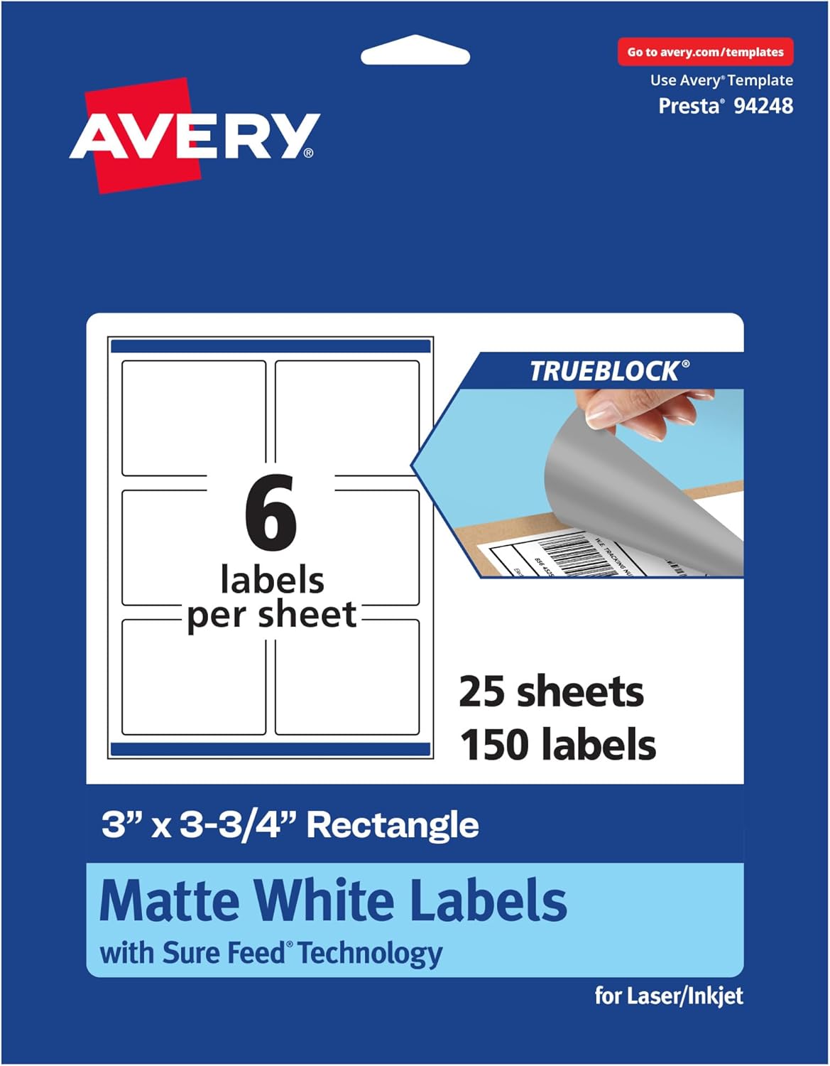 Avery TrueBlock Matte White Rectangle Labels, Sure Feed Technology, 3" x 3.75", 600 Matte White Labels, Print-to-The-Edge, Laser/Inkjet Printable, Great for Packaging and Product Merchandising