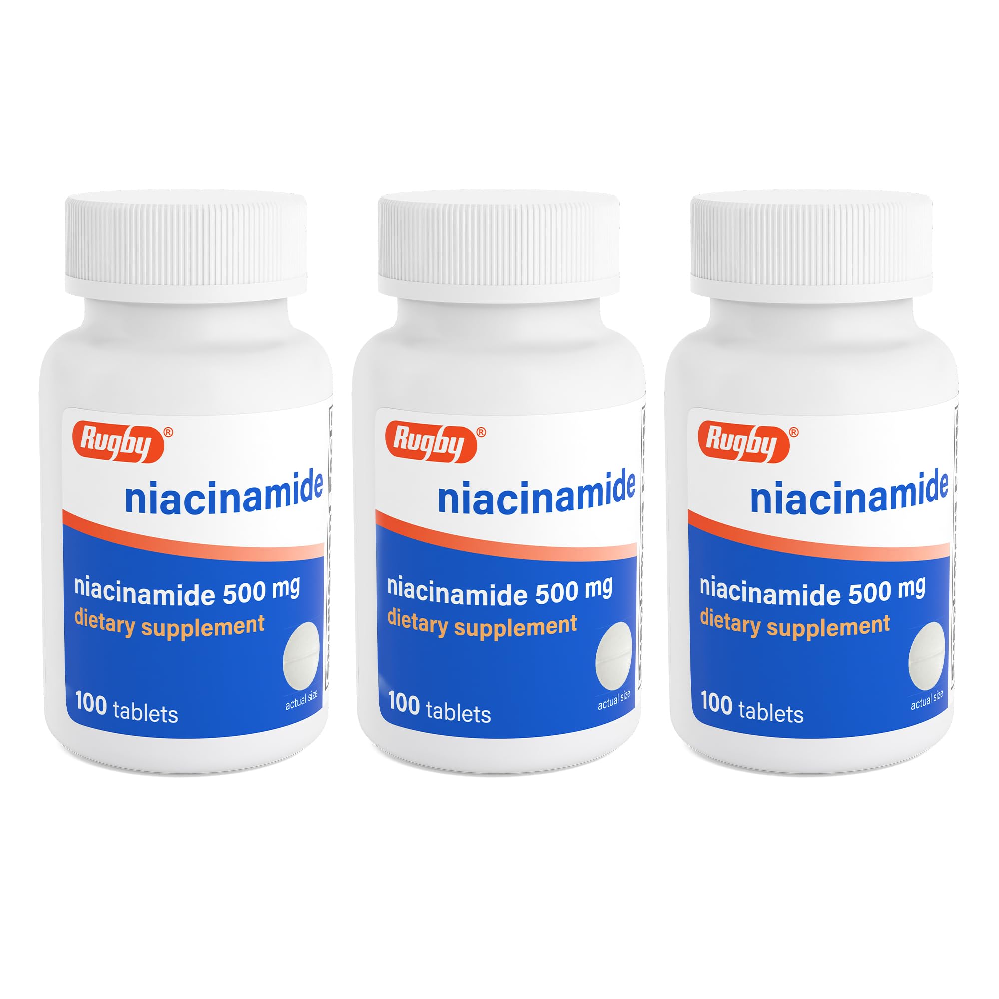 Rugby Niacinamide 500 mg Tablets, Gluten-Free Dietary Supplement for Adults, Supports Overall Health, No Artificial Flavors - 100 Count (Pack of 3)