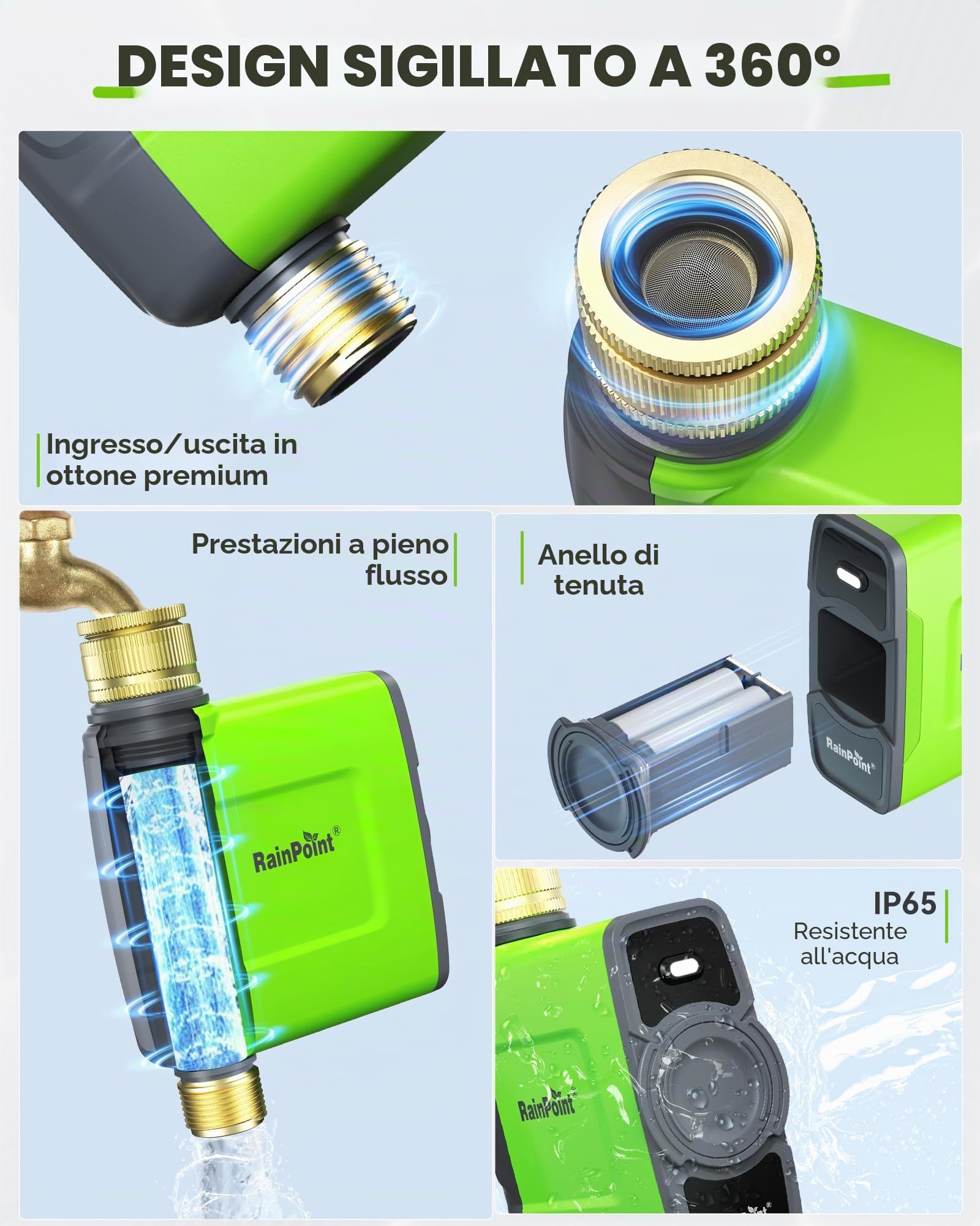 RAINPOINT Centralina Irrigazione WiFi con Ingresso e Uscita in Ottone, Intelligente Timer Irrigazione con Gateway dell'antenna, APP/Vocale Controllo, Ritardo per Pioggia/Manuale, per Prato Giardino