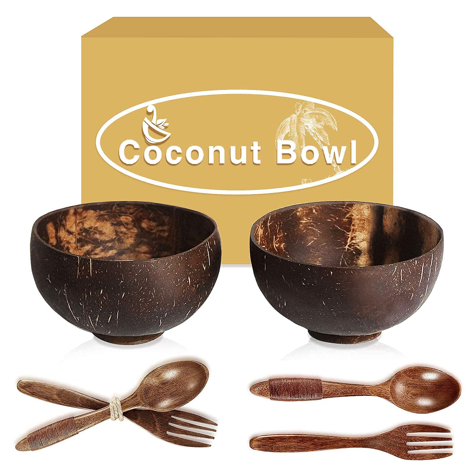 Coconut Bowls With Wooden Spoons, Wooden Forks, Each 2, Smoothie Bowls, Salad Bowls, Hand Made Crafts, candle bowls?God for Salad Smoothie Breakfast. (100%Natural) Wooden Bowls.