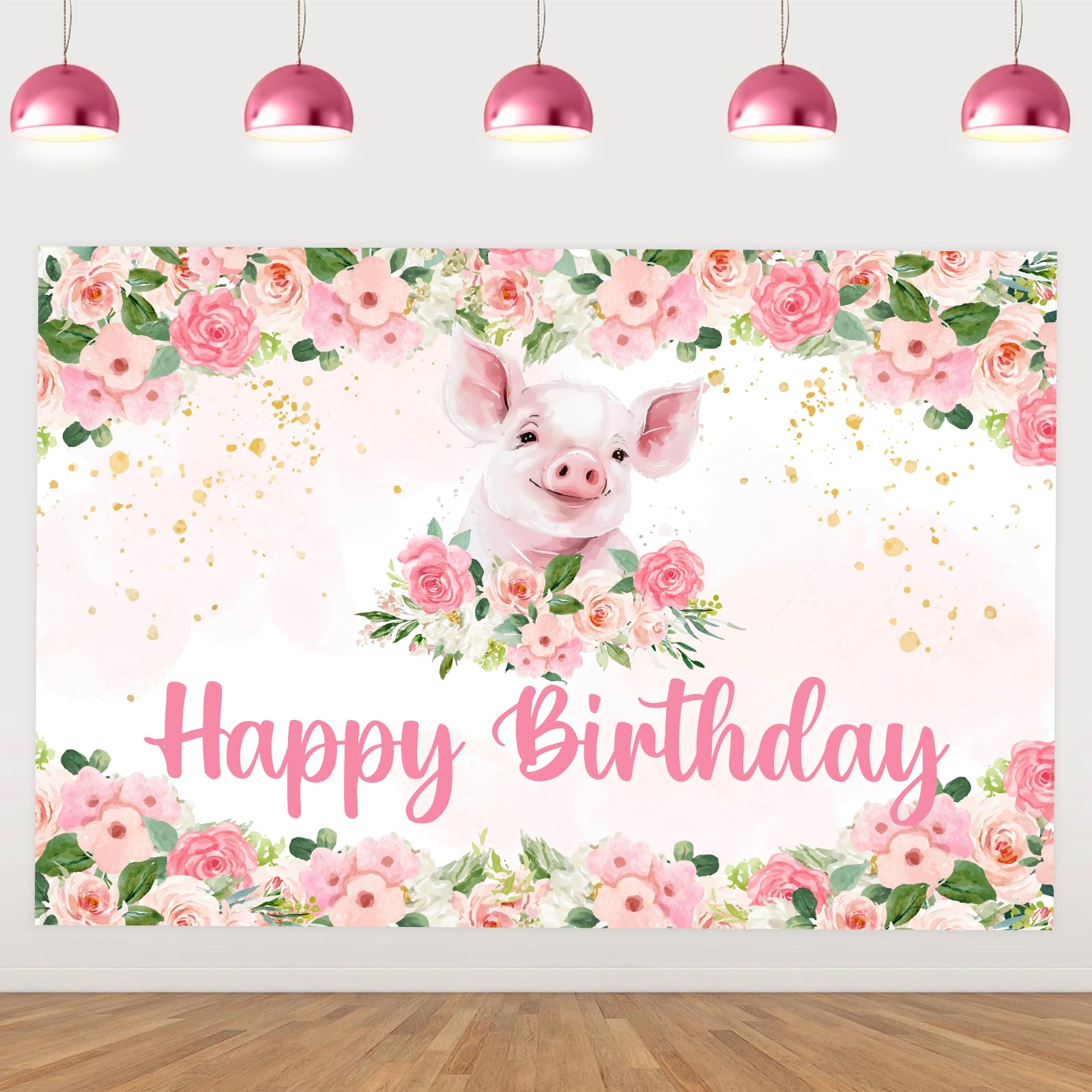 Pink Pig Happy Birthday Decorations Pig Birthday Backdrop Banner Farm Animal Piggy Birthday Backdrop Banner Floral Pink Piggy Head Birthday Decor for Pink Farm Theme 1st 2nd Birthday (5.3ft)