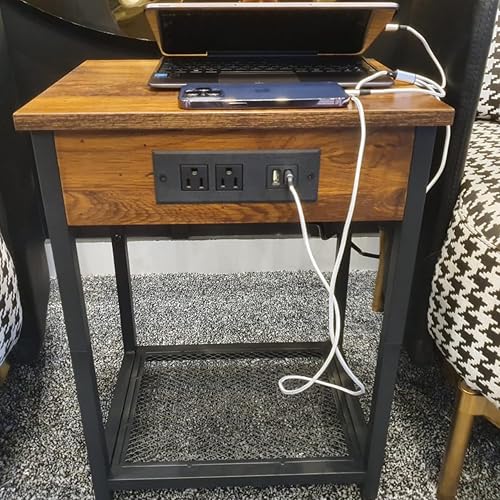Miniatura 7 de Mesa auxiliar con estación de carga, Mesas auxiliares para dormitorio, mesita de noche con tomacorrientes, Mesa auxiliar para dormitorio con estante