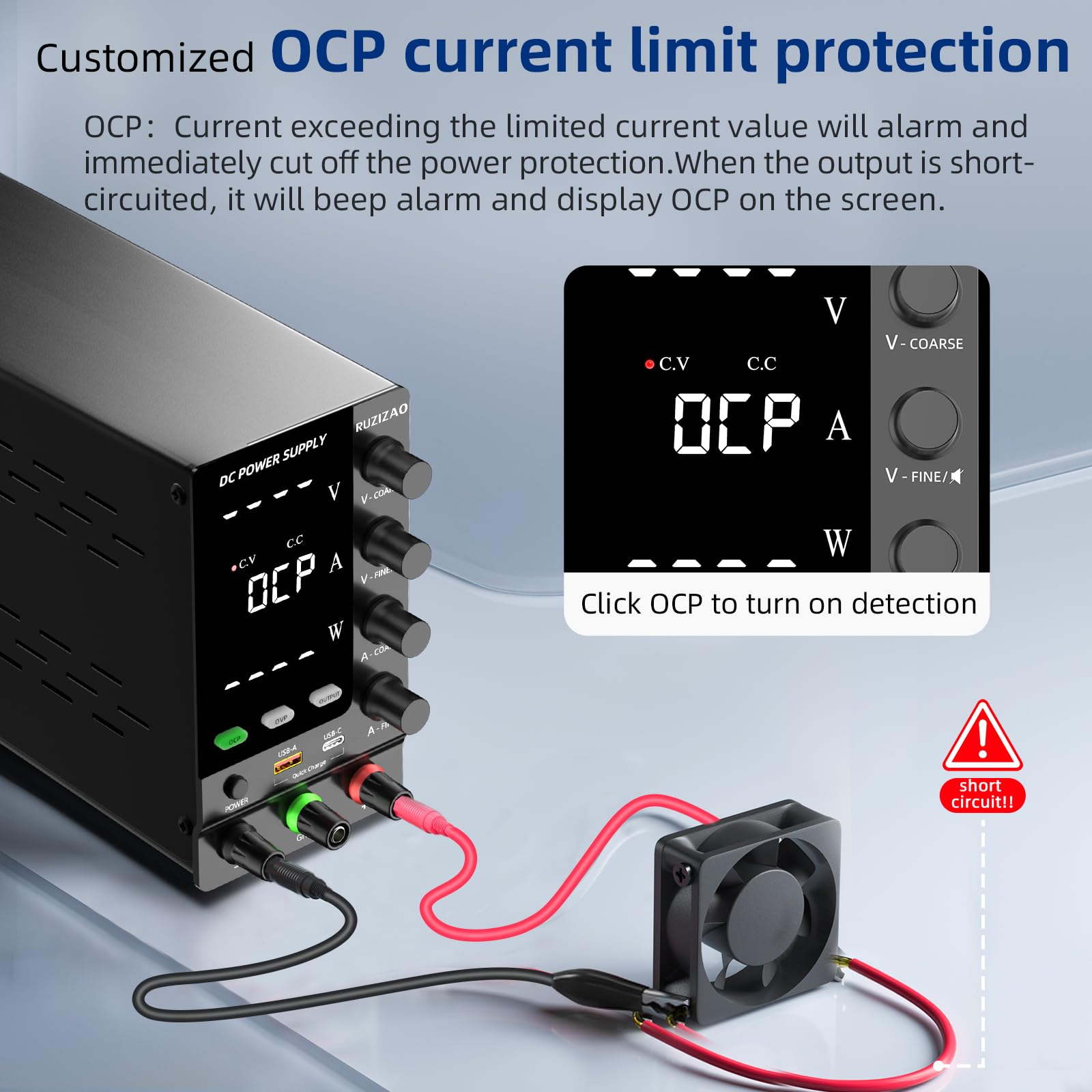 Labornetzteil 120V 3A, Einstellbares Labornetzgerät mit OCP/OVP, Ausgangsschalter und Encoderregelung, DC-Schaltnetzteil 18W USB-A/Typ-C Schnellladeschnittstelle/Prüfung/Wartung/Galvanik