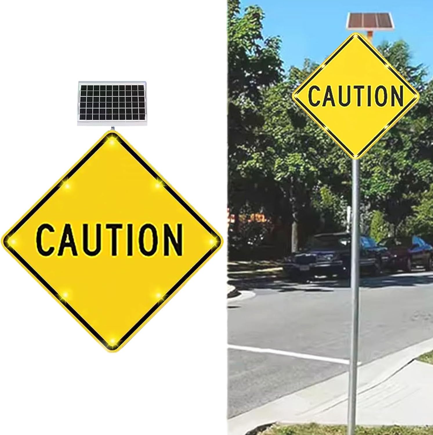 Solar Powered Flashing Caution Sign, Road Safety Traffic Warning Signs Illuminated Caution Signal Light, Engineering Grade Reflective Film, Aluminum, 24"