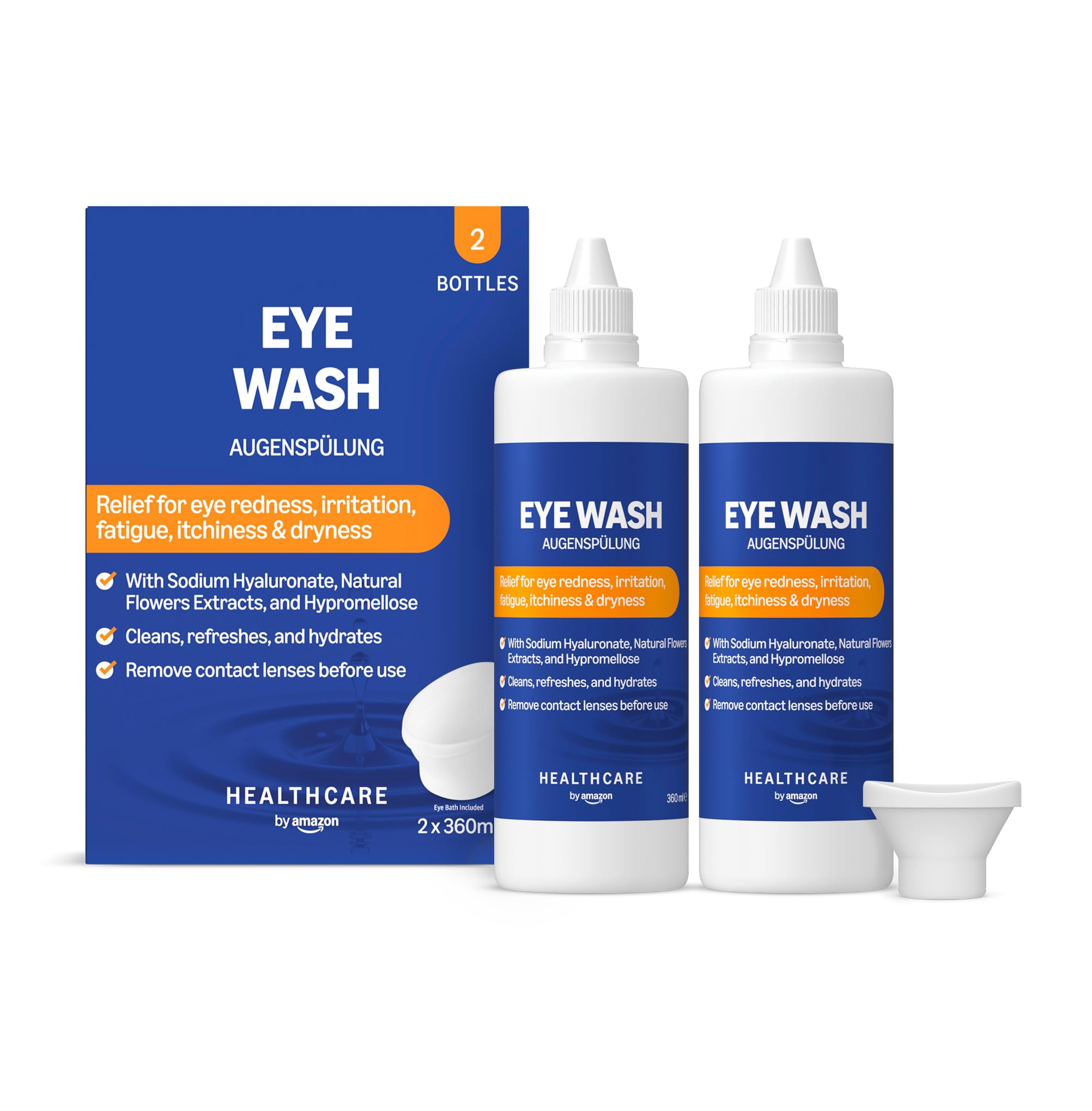 Healthcare By Amazon Eye Wash with Sodium Hyaluronate and Natural Flowers Extracts, 360ml, Pack of 2 (Previously Amazon Basic Care – Packaging May Vary)