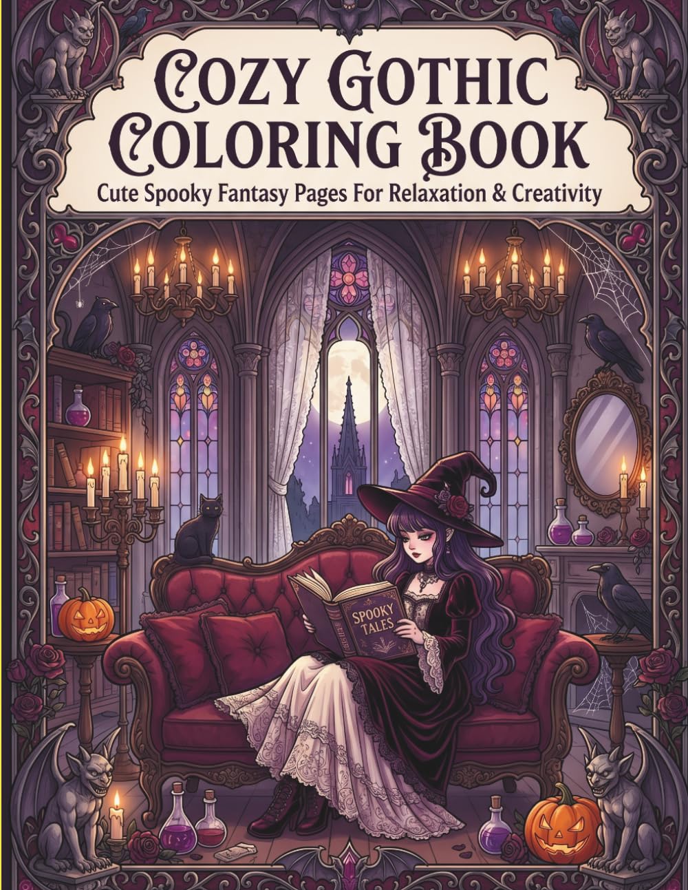 Bold and Easy Cozy Gothic Coloring Book for Adults and Teens: Cute Spooky Fantasy Pages with Black Cats, Ravens, Pumpkins, Gothic Girls, Haunted Castles, and Cozy Halloween Scenes