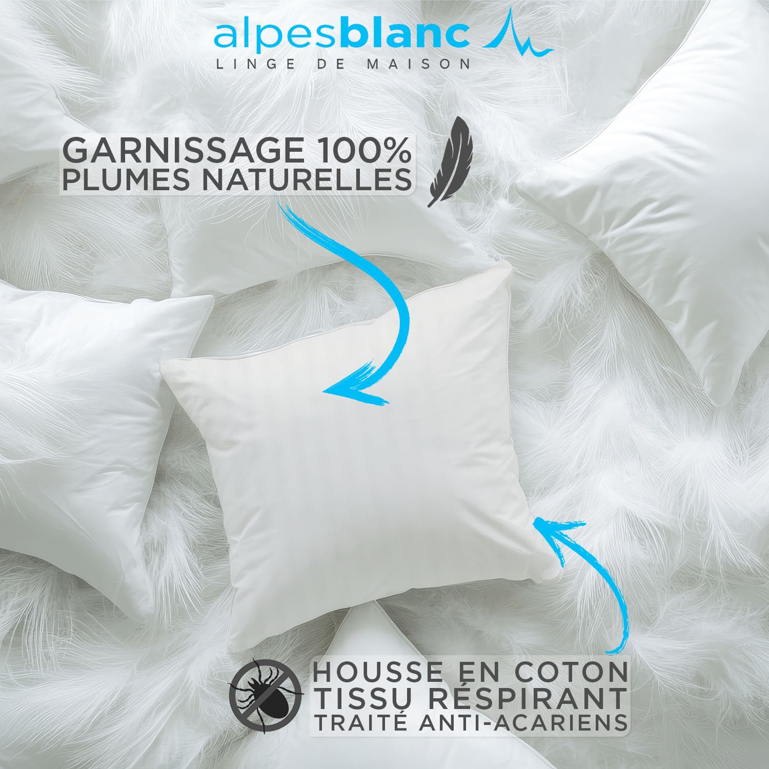 Alpes Blanc - Pack 4 pièces : 2 Oreillers en Plumes + 2 Protèges Oreillers 100% Coton - 60 x 60 cm – Accueil Moelleux, Soutien Ferme - Fabrication Française