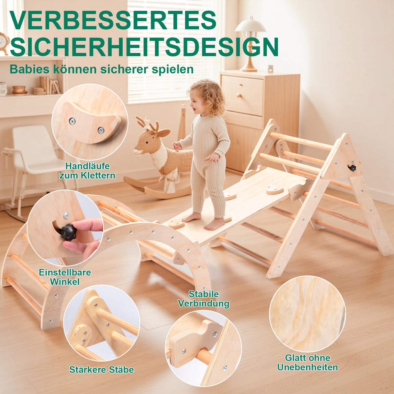 RUIE Klettergerüst Indoor 7-in-1 Kletterdreieck mit Rutsche, Hölzernes Kletterdreieck Set für kletterbogen ab 1 Jahr, Montessori klettergerüst, Kletterturm, Kinder Indoor Spielplatz