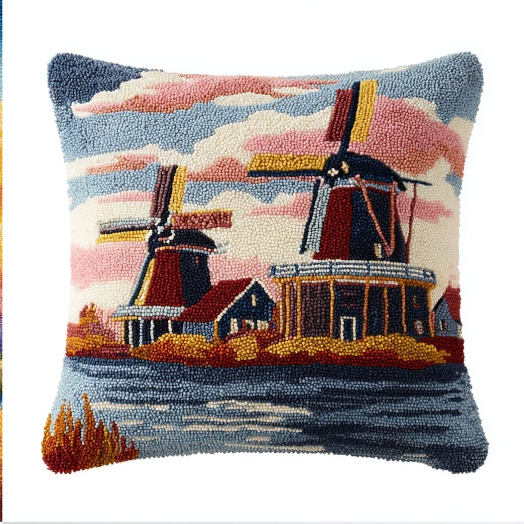Latch Hook Pillow Kit For Adults,Dutch Windmill 17X17In Latch Hook Kit For Pillow Cover With Instruction For Beginner Cross Stitch Sofa Cushion Cover With Crochet Yarn For Beginners And Home Decor