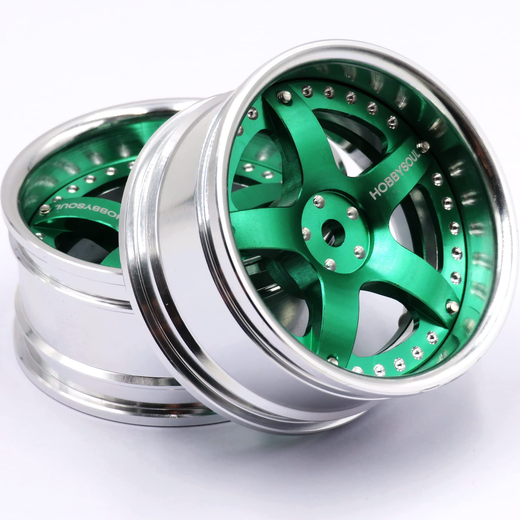 hobbysoul 2pcs RC 1/10 Aluminum On Road Wheel Rims Hex 12mm Adjustable Offset Silver & Green Color Fit for 1:10 RC On Road Drift Touring Street Car Tire Tyre
