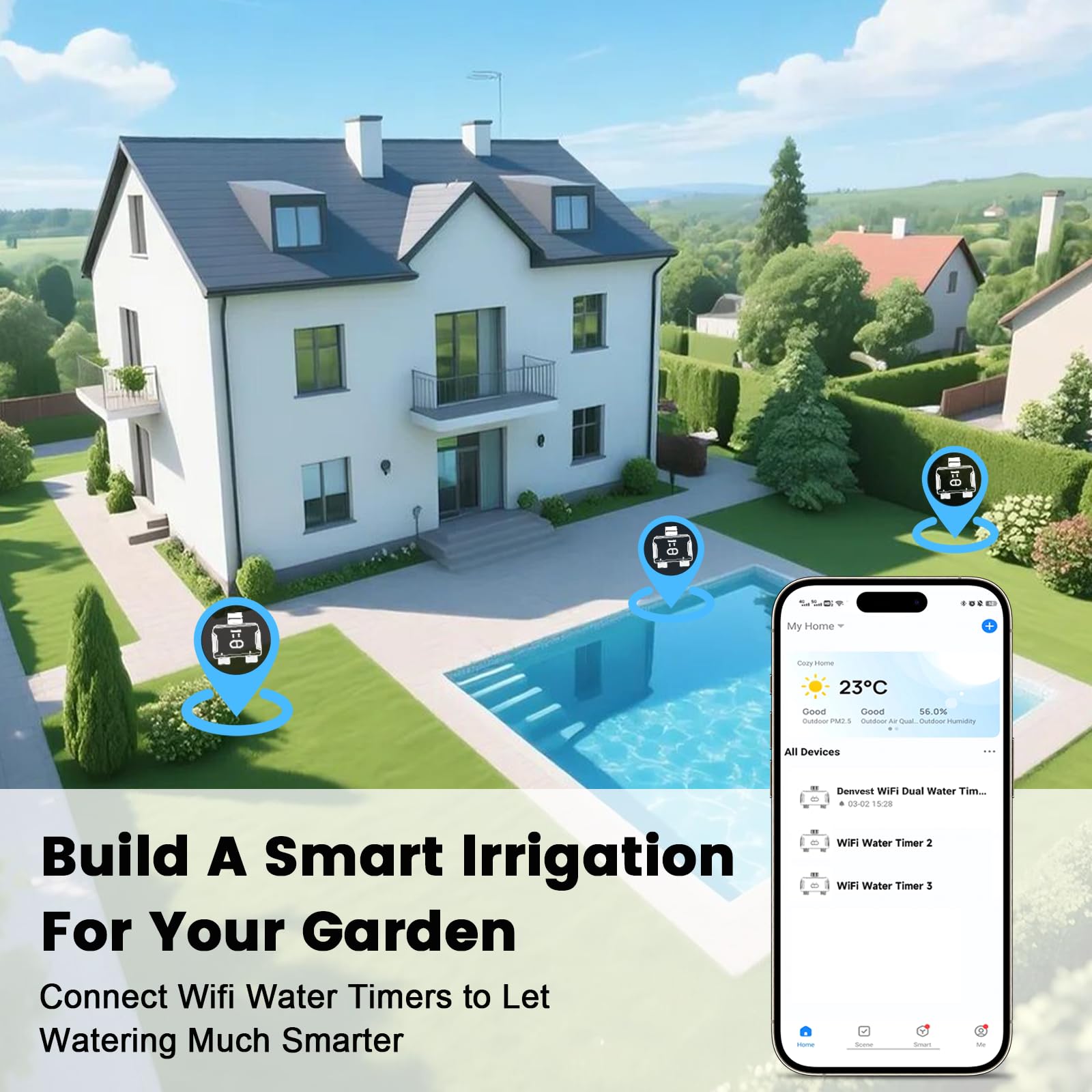 Timer wody WiFi do węża ogrodowego z mosiężnym wlotem, inteligentny timer węża z koncentratorem WiFi, aplikacją i sterowaniem głosowym, do 20 planów nawadniania, 2-strefowy kontroler systemu