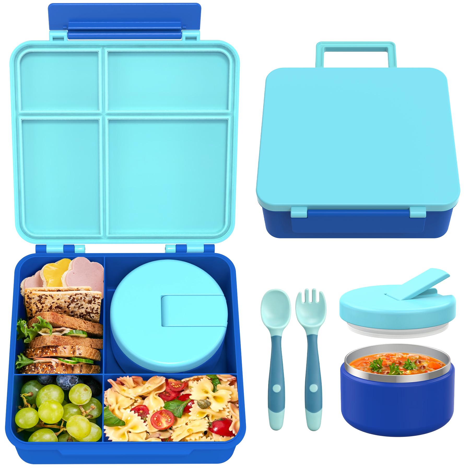 LOHASOK Bento Lunch Box with 8oz Soup Thermo, Leak-Proof Lunch Containers with 4 Compartment, Thermo Hot Food Jar and Insulated Lunch Box for School Blue