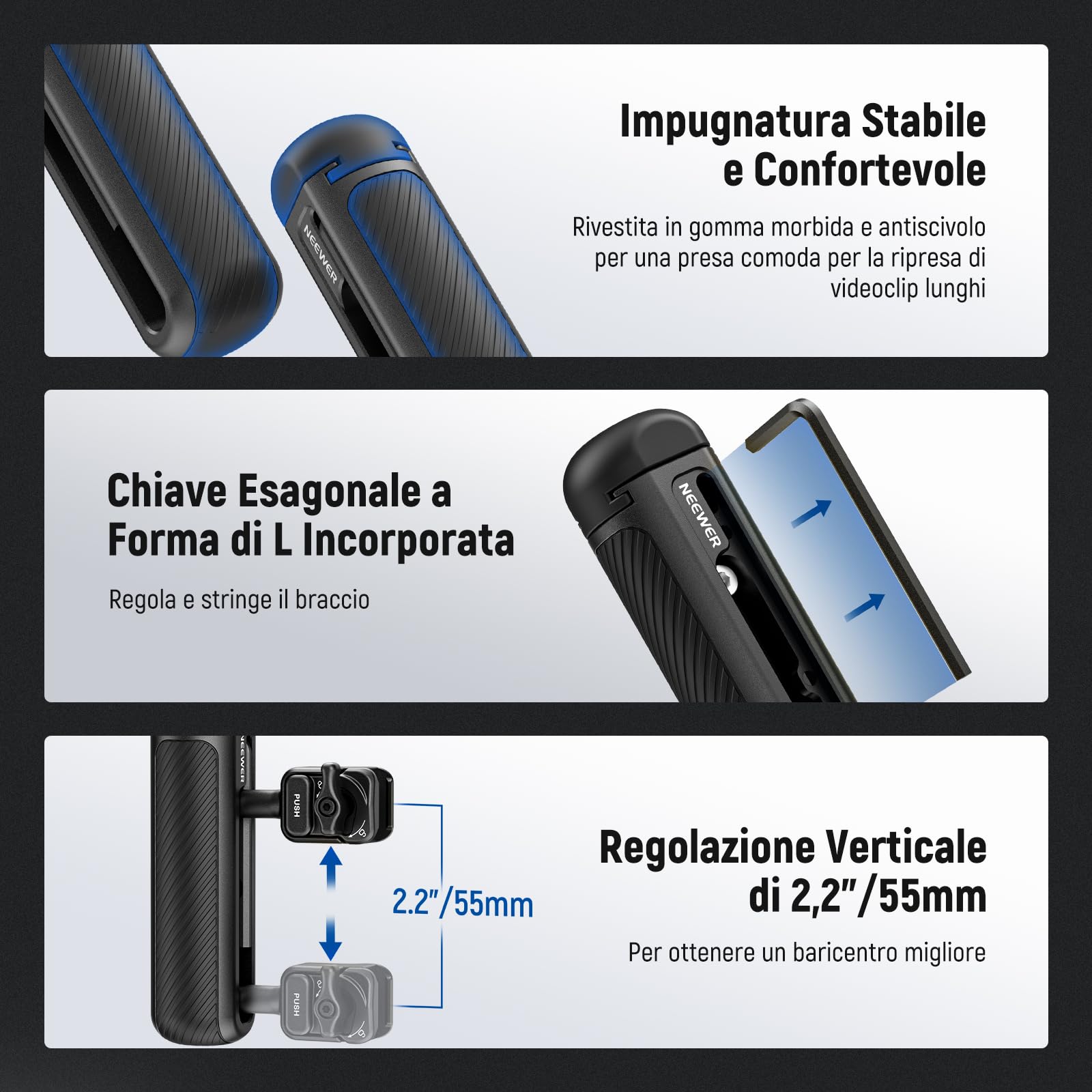 NEEWER Maniglia Laterale a Sgancio Rapido per Gabbia Telefono PA073 PA074 per iPhone 16 Pro/16 Pro Max, PA042 per Samsung S24 Ultra, con Cold Shoe Coperta, Perno Anti Caduta, Blocco Nero, PA045B