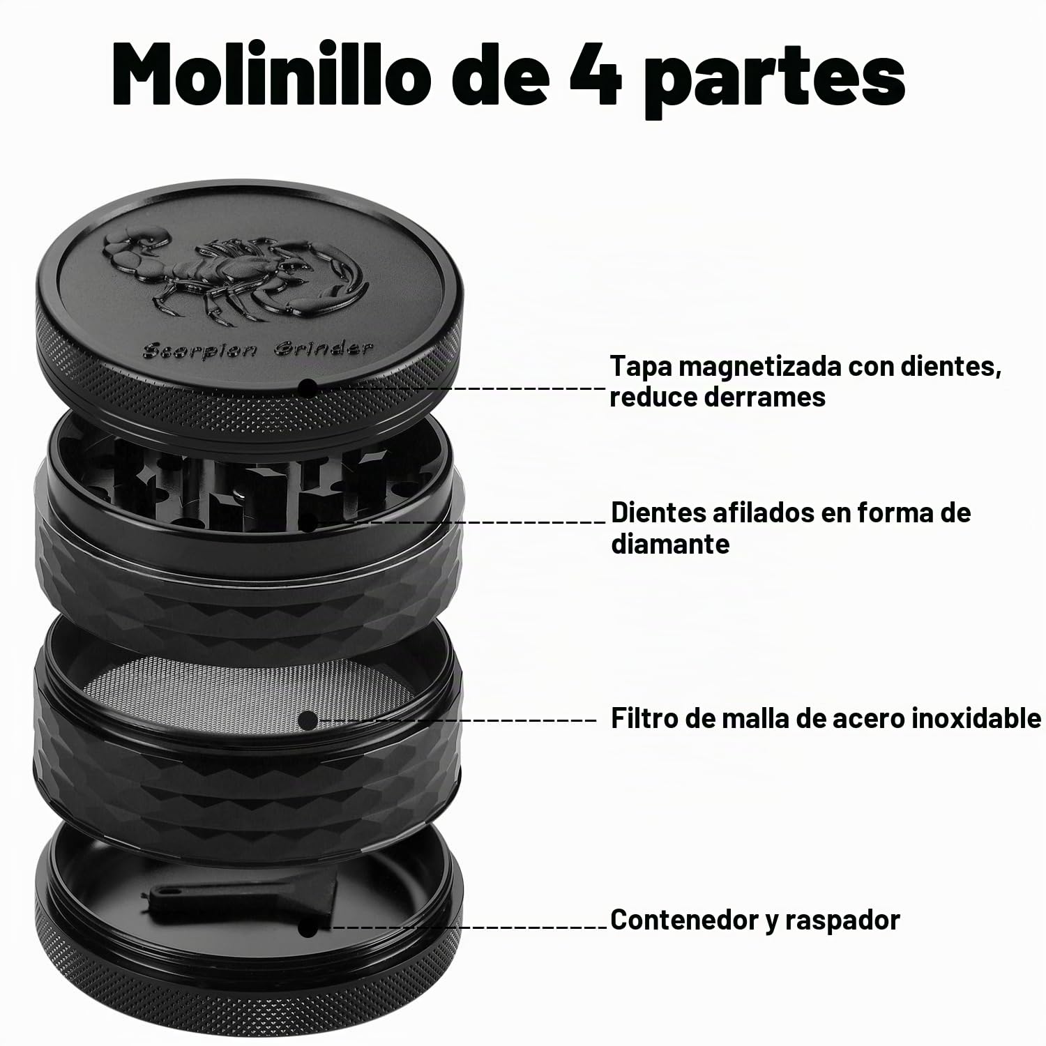 Herb Grinder, Molinillo de hierbas Premium de aluminio de 2.5 pulgadas（63mm) con escorpión grabados, 4 piezas, molinillo grande con raspador de polen (Negro)