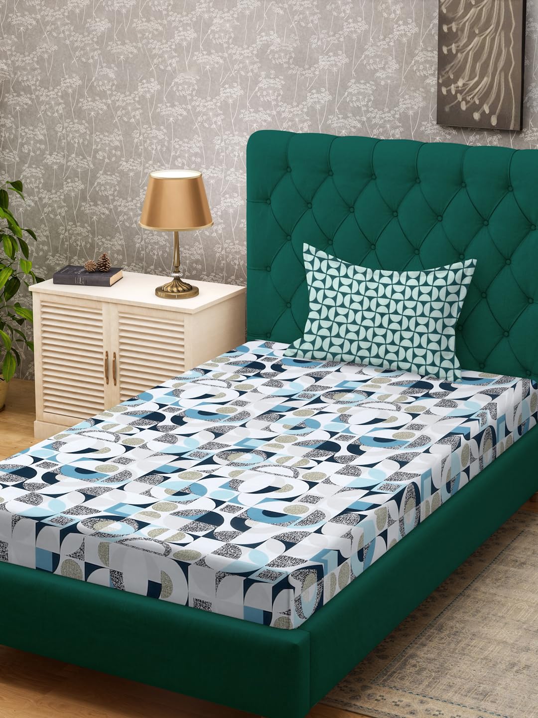 Klotthe White Geometric 300 TC Cotton Blend Single Bedsheet with Pillow Cover-image-32