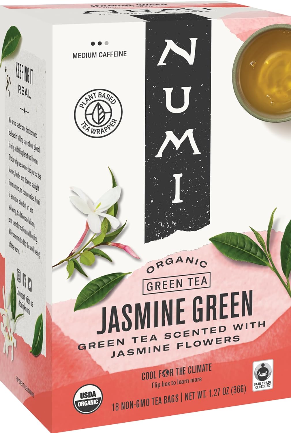 Numi Organic Tea Jasmine Green, 18 Count Box of Tea Bags (Pack of 6)