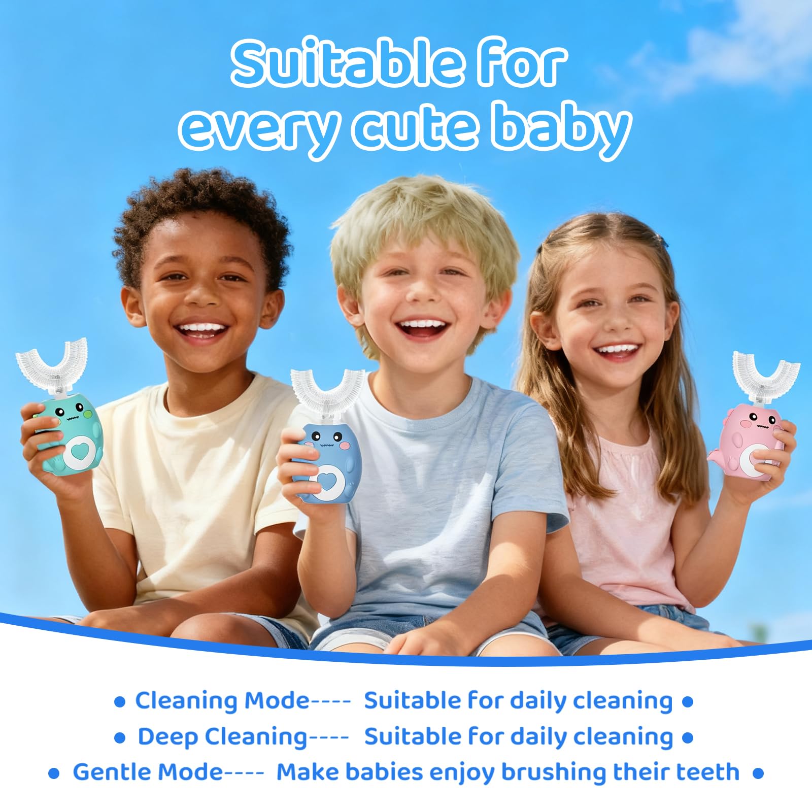 Cepillo de dientes eléctrico en forma de U para niños, con 3 modos de limpieza, con 4 cabezales de cepillo, cepillo de dientes automático sónico de 360°, IPX7 impermeable, diseño de dinosaurio de