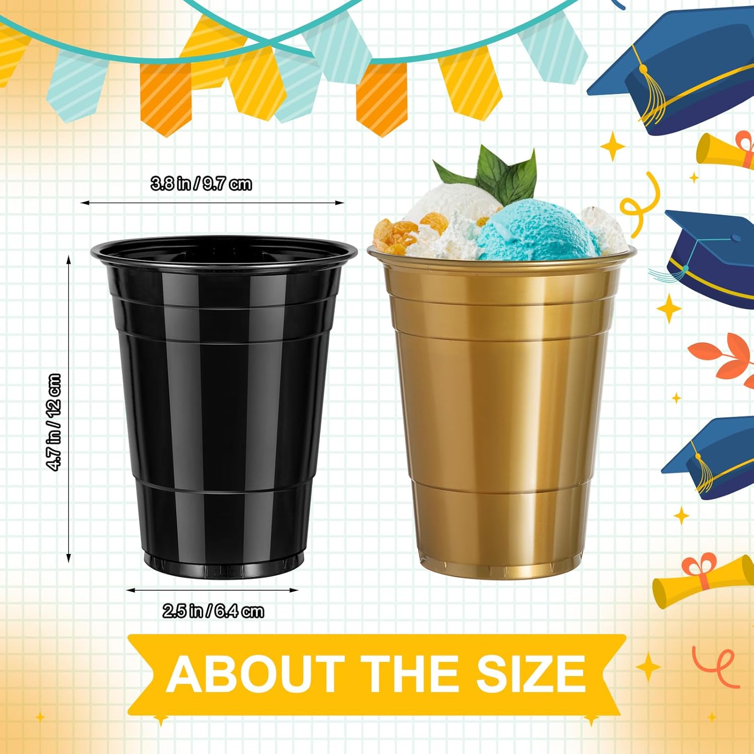 120 Pcs 16 oz Black Gold Plastic Cups Graduation cups 16 oz Black Gold Cups for drinking Tastings served Snacks Barbecues Picnics - Image 2