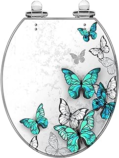 Round Toilet Seat Turquoise Blue white butterflies Resin Toilet Seat with Quietly Close Quick Release Hinges Decorative Toilet Seat with Cover Easy to Clean and Install