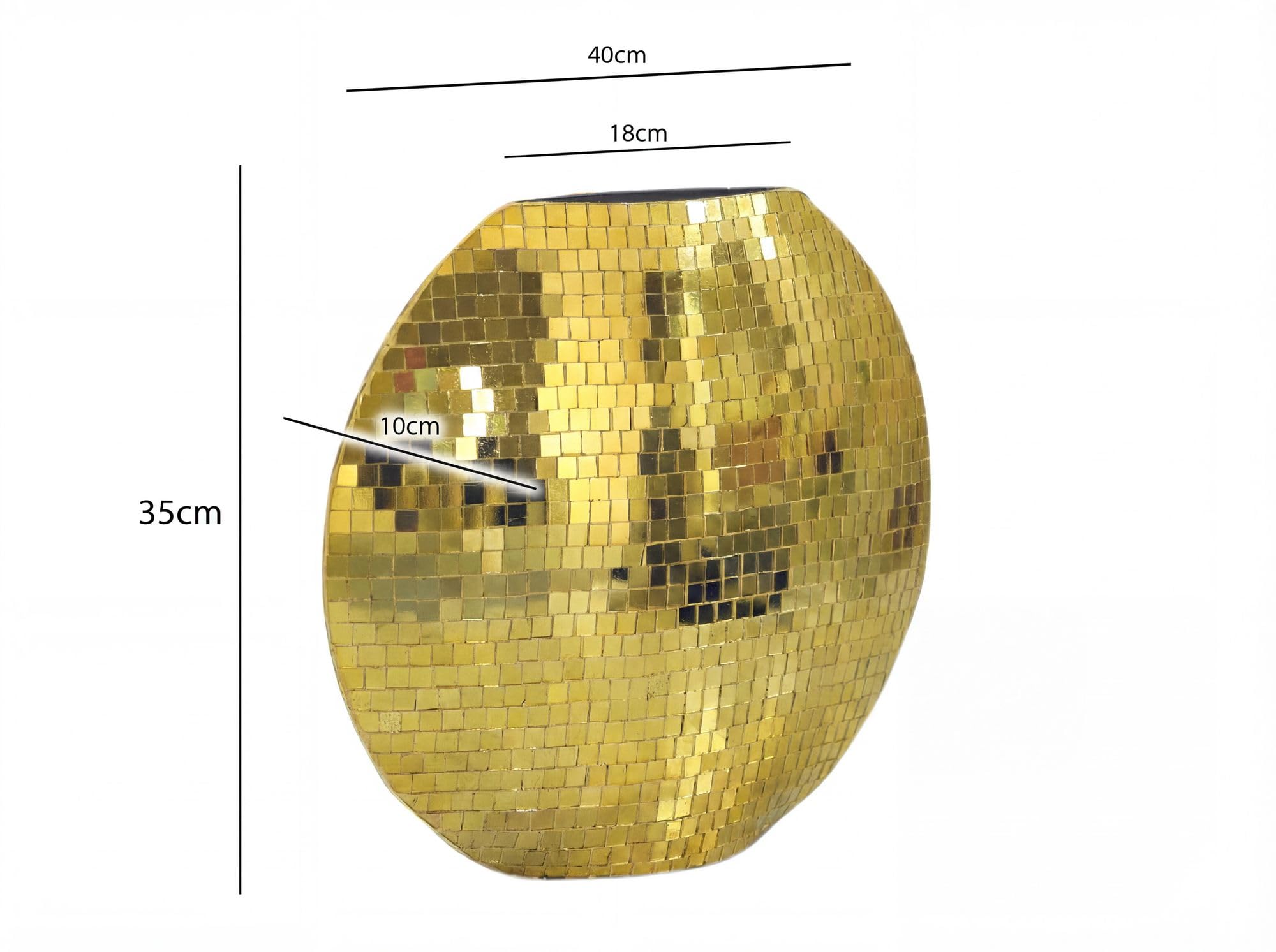 FineBuy Tischvase 40 cm Metall Gold mit Mosaik-Oberfläche | Dekovase rund und flach, Blumenvase aus Metallquadraten handgefertigt, Wohndeko für Esstisch und Sideboard