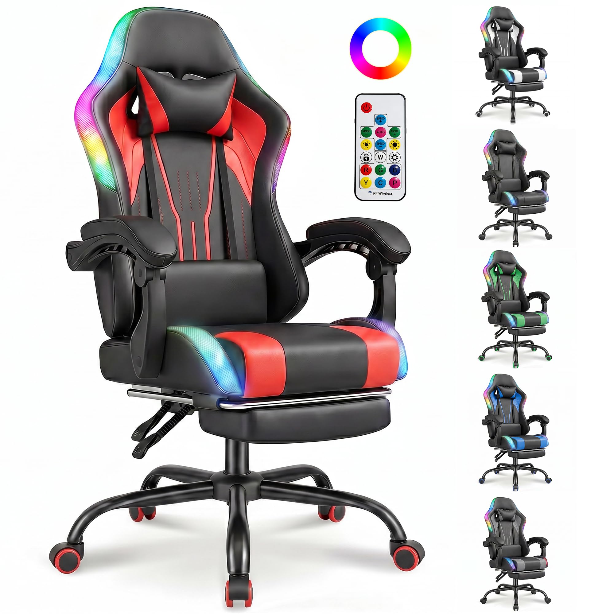 TRIUMPHKEY Sedia da Gioco con Luce RGB LED di Stile Gaming, 366 Modalità di Effetto Luminoso, Tela PU Resistente alla Sporco, Braccioli Sincronizzati, Cuscino Lombaire a Massaggio USB (Rosso)