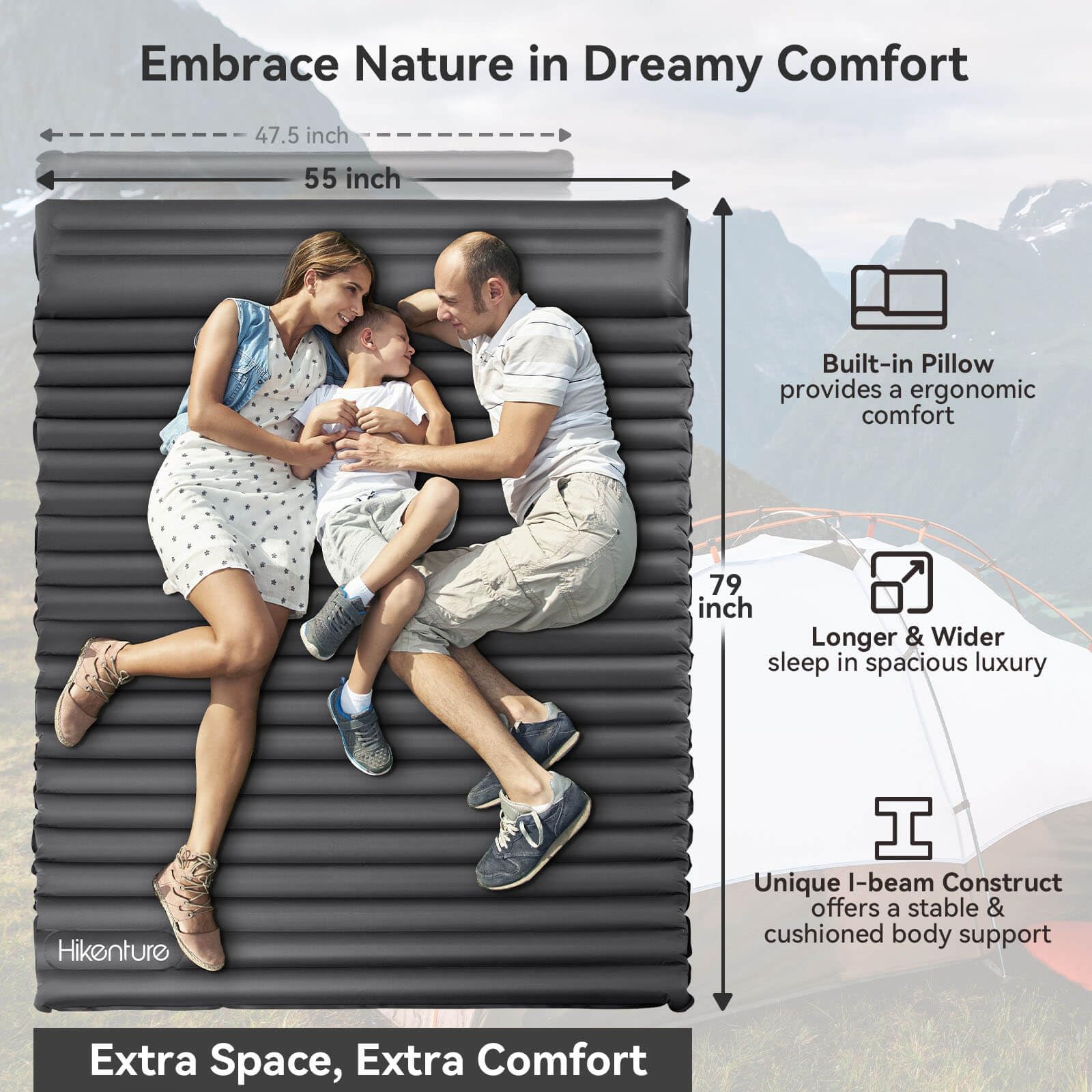 Hikenture Double Sleeping Pad for Camping 2 Person Inflatable Camping Mattress for Backpacking,Hiking,Tent(Grey)