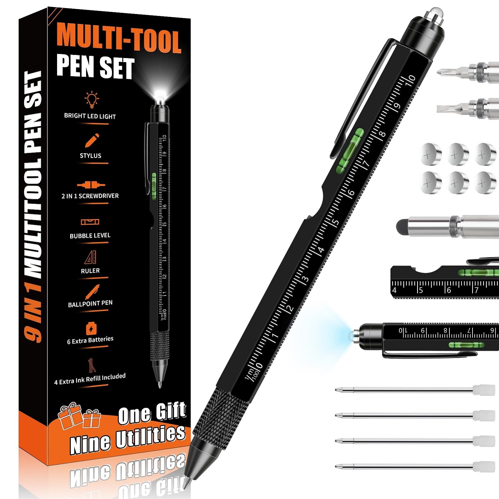 Pen Gifts for Men, 9 in 1 Multitool Pen, Cool Gadgets Tools for Men, Birthday Gifts for Men Who Have Everything, Unique Gifts for Men, Husband, Grandpa, Engineer, Handyman, Black