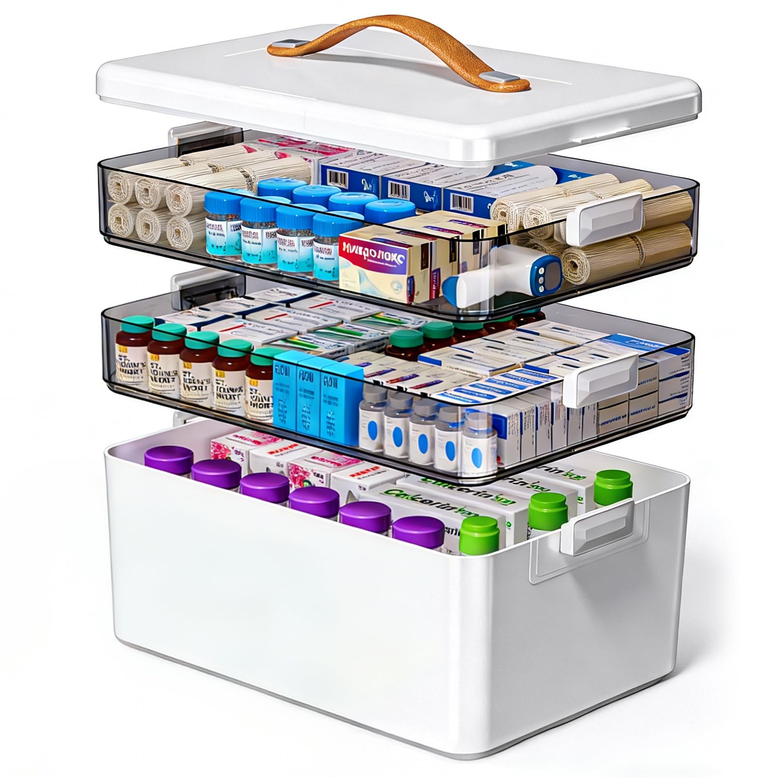 Medizinbox Aufbewahrung, 3 Stöckige Hausapotheke Box mit Griff, Medikamentenbox Groß, Abnehmbaren Tablett, Medizinschrank, für Familie, Büro, Schule und Reise