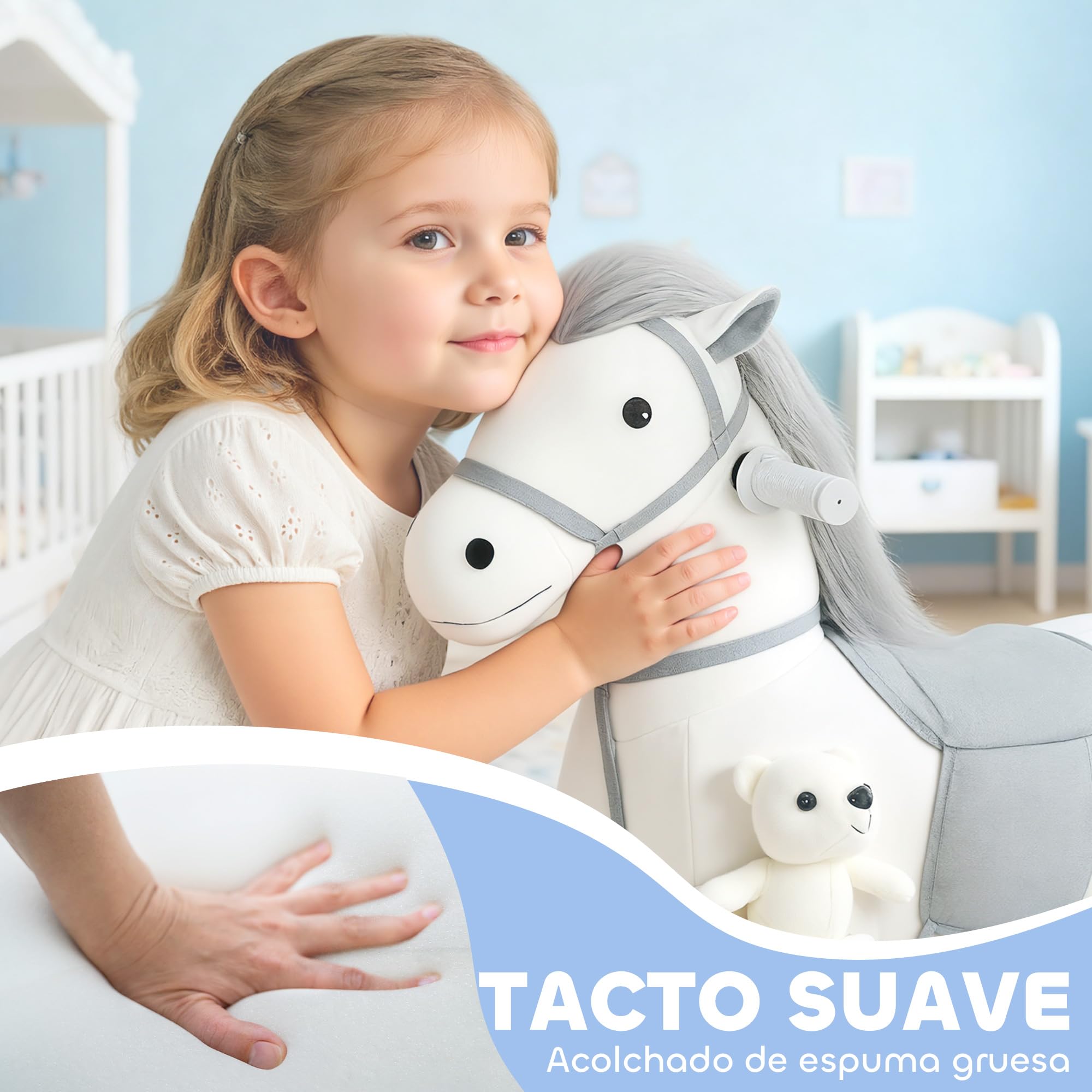 AIYAPLAY Caballito Eléctrico con Música, Batería 6V, Caballo de Juguete Eléctrico, Tacto Suave, Ruedas Silenciosas de PU, Marcha Adelante, Regalo para Niños y Niñas de 1,5 a 5 Años, Blanco
