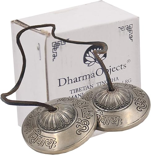 Miniatura 4 de DharmaObjects Platillos Tingsha tibetanos grandes de calidad prémium "Om Namah Shivaya" de 3 pulgadas con bolsa