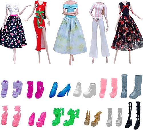 Miniatura 2 de Ropa de muñeca de moda, vestido y accesorios, 5 conjuntos de vestidos de muñeca + 12 pares de zapatos de estilo aleatorio para muñecas de niña de