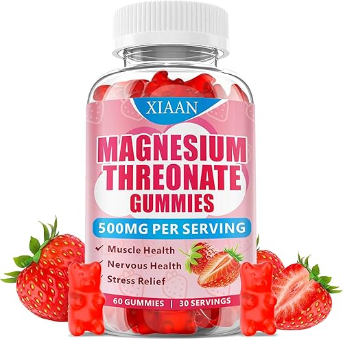 Gomitas de magnesio L-treonato de 500 mg, suplemento de treonato de magnesio sin suagr para niños y adultos, apoyo para la salud muscular y