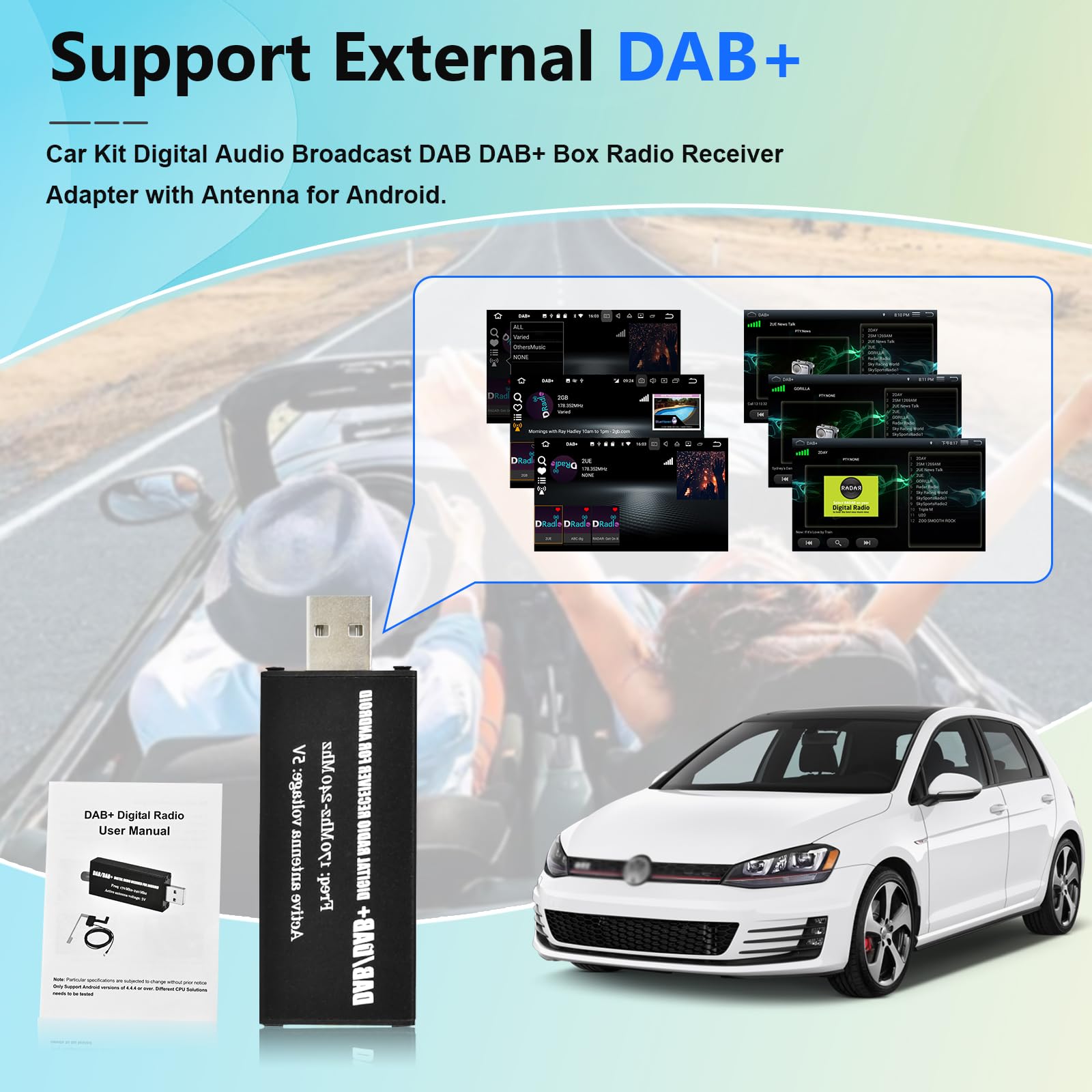 Podofo Adattatore DAB DAB+ Ricevitore Radio Digitale, Sintonizzatore Radio DAB+ con Antenna, Interfaccia Antenna SMA e USB 2.0, Modulo DAB Universale per Autoradio Android - Supporta APP ​​​​DAB