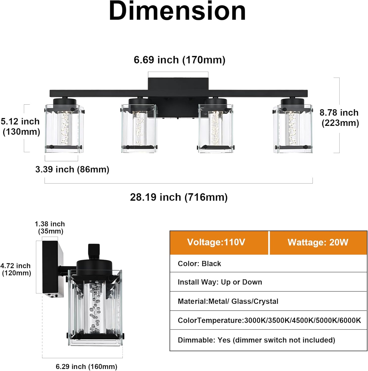 VINLUZ Modern Vanity Light 4-Light Black LED Vanity Lights Fixture,Crystal Bubble Bathroom Lighting Fixtures Over Mirror Wall Sconce for Bedroom Living Room
