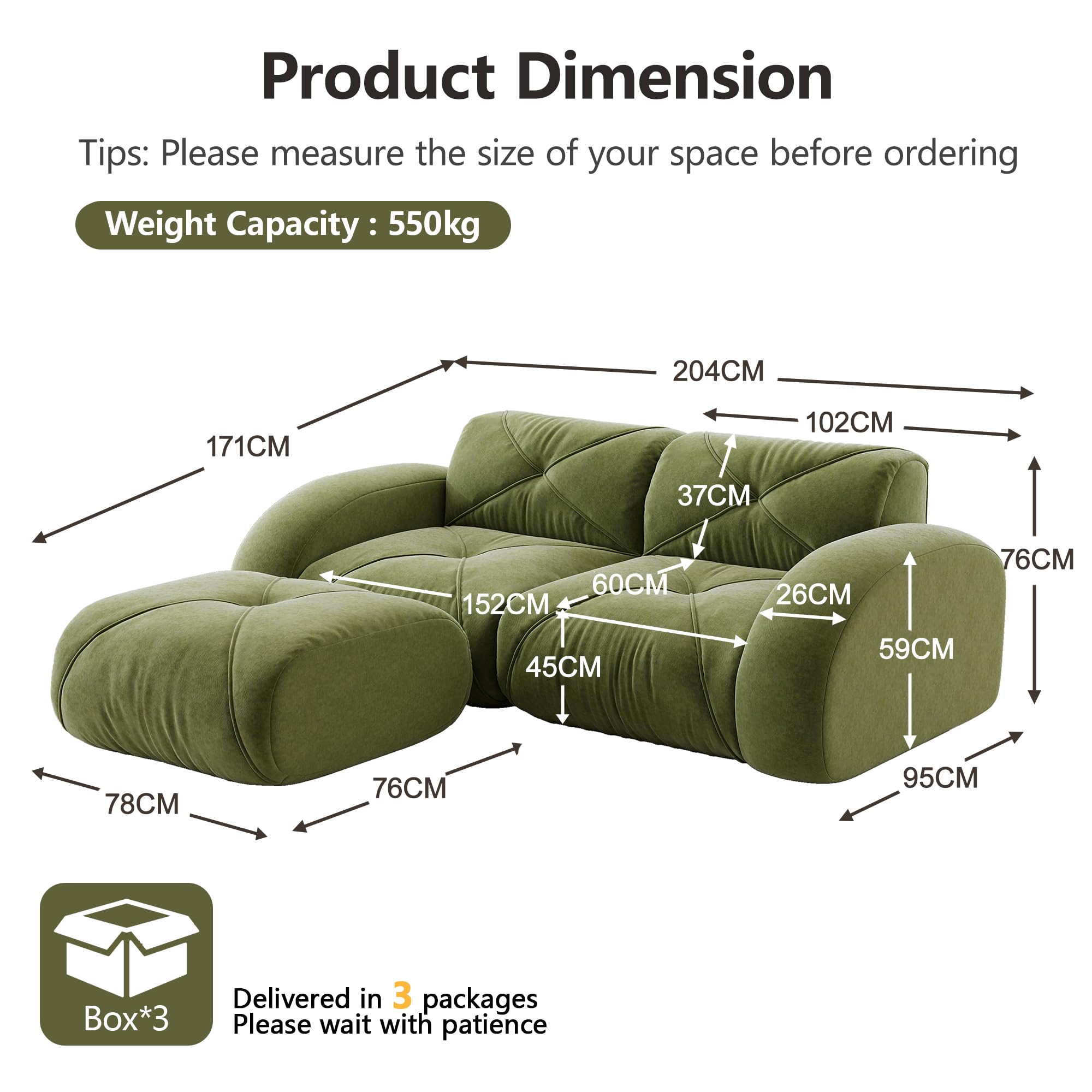 HaoChrymec Modułowa sofa 2-osobowa z pufą szenilową, salon, zielony, 204 x 171 x 76 cm