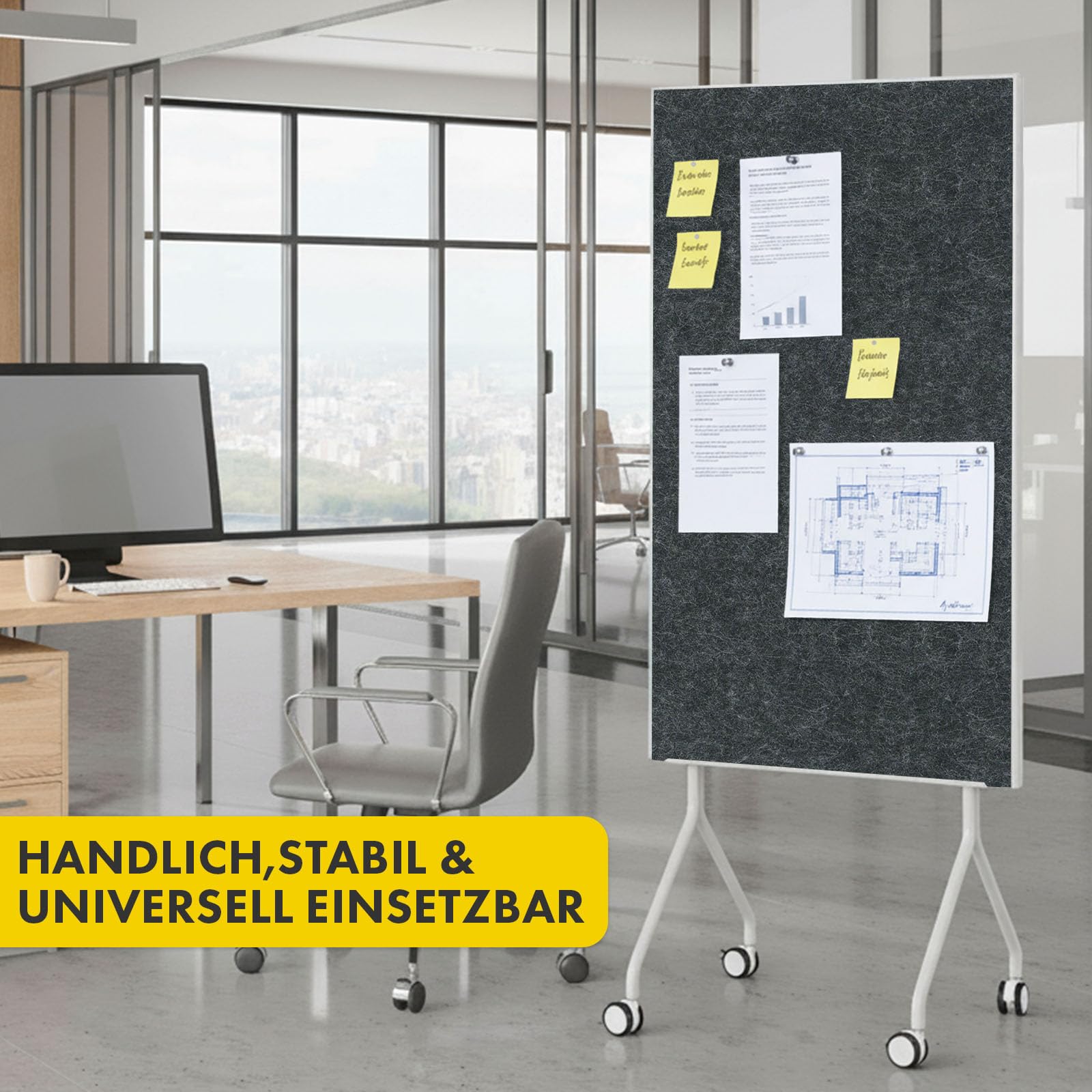 OfficeMarshal Moderationwand Doppelseitig 80 x 120 cm Präsentationstafel mit feststellbaren Rollen - Filztafel Pinnwand - Stabiler Metallrahmen - Giant (Schwarz)